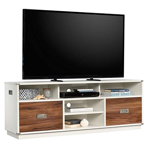 Pemberly Row Modern 60-Inch TV Stand Console - Pearl White & Oak Wood - Stylish Entertainment Center for Living Room, Bedroom & Home Theater