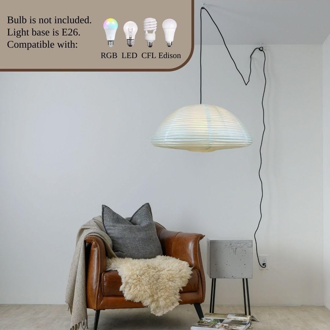 Nogy Rice Paper Lantern Lamp - Handmade Asian Style Hanging Light with Warm LED Bulb, Plug-in Paper Lantern Shade for Bedroom, Living Room, Patio & Wedding Decor | Romantic Ambient Lighting & Easy Installation