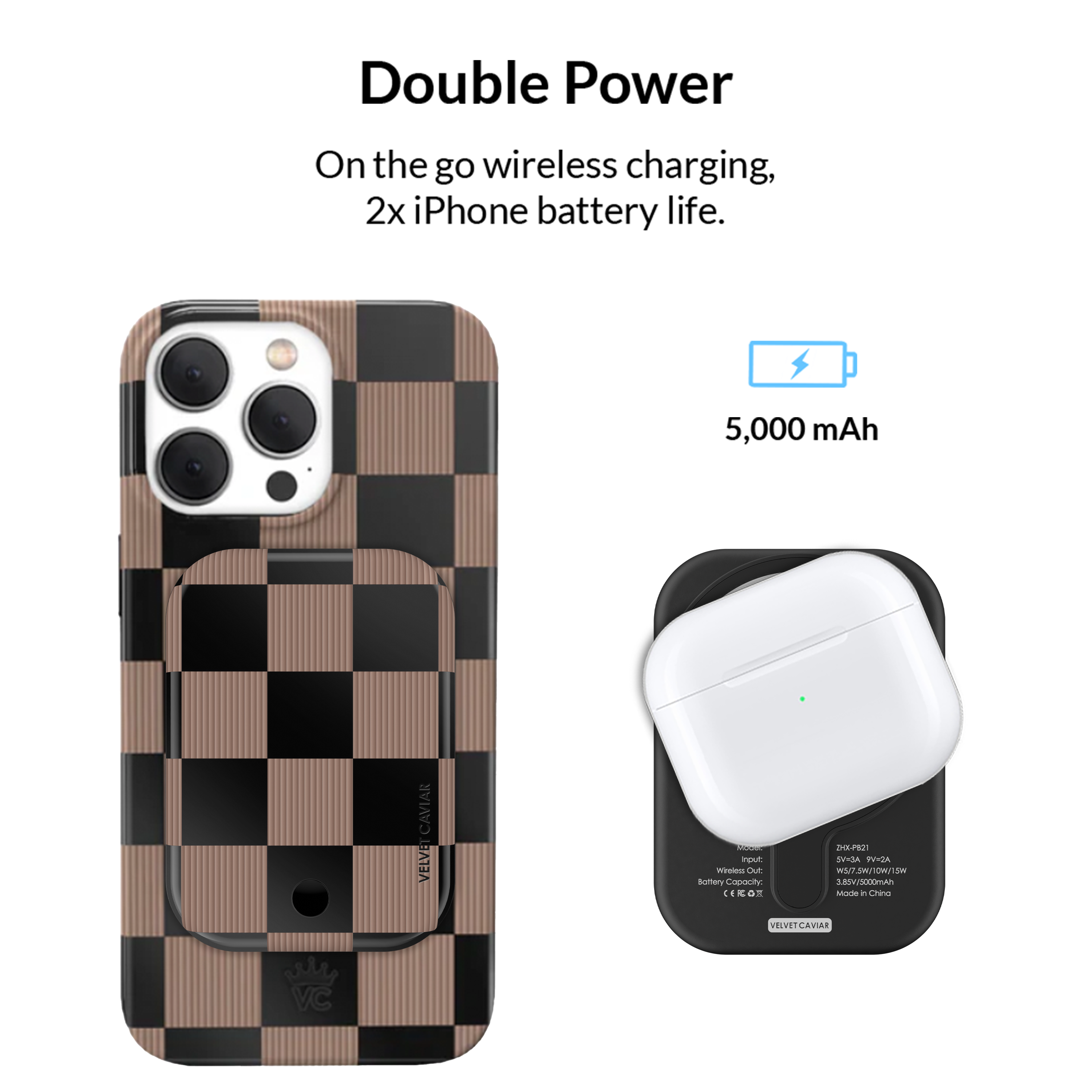 Mocha Vibe Checkered MagSafe Battery Pack - 5000mAh Portable Charger for iPhone 12/13/14/15 - Fast Wireless Charging Power Bank for Travel, Work & Outdoor Adventures