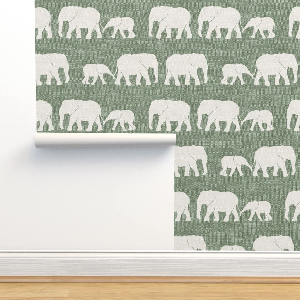 Peel & Stick Removable Wallpaper 12ft x 2ft - Sage Green Elephant Design, Boho Neutral Nursery Decor, African Safari Inspired, Self-Adhesive Wall Mural for Baby Room, Living Room & Dorm