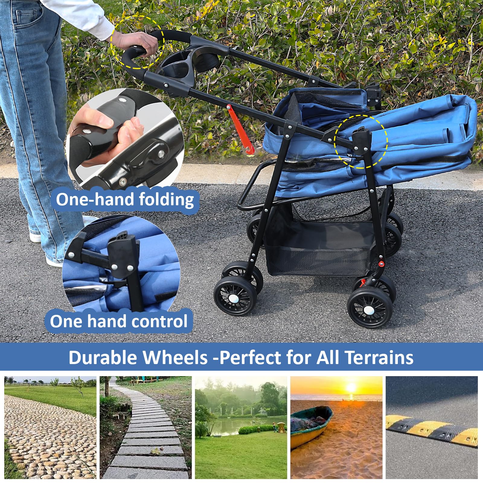 Premium 4-Wheel Pet Stroller for Small & Medium Dogs & Cats Up to 30lbs - Foldable Design with Storage Basket & Cup Holder (Blue) - Perfect for Park Walks, Vet Visits & Shopping Trips