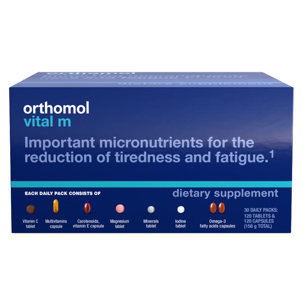 Orthomol Vital M Men's Multivitamin Supplement - 30-Day Supply with Vitamins A, B, C, D, E, K, Iodine & Omega-3 - Daily Immune Support & Energy Booster for Active Men