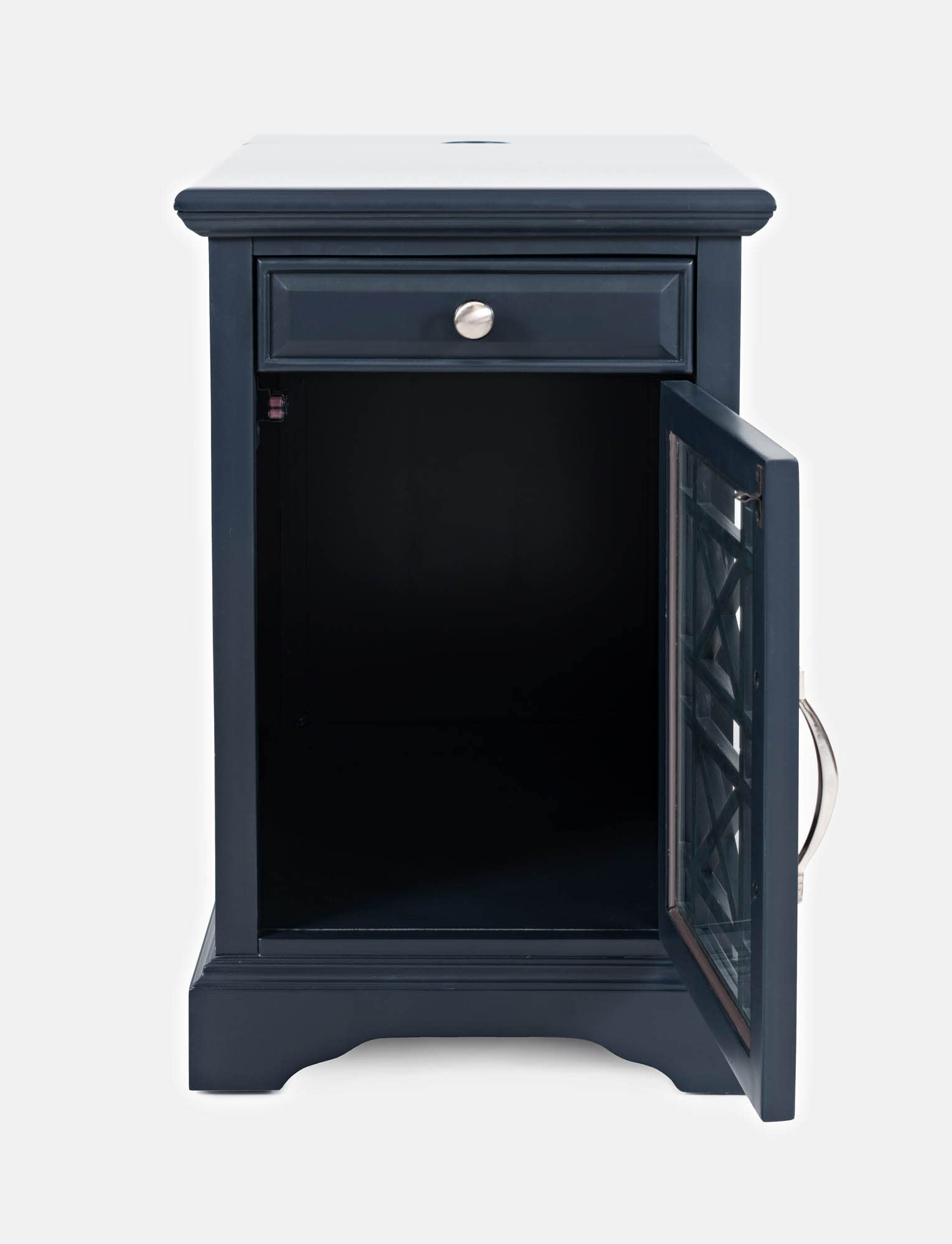 Farmhouse Style USB Charging Station End Table with Glass Door & Storage - Nightstand for Bedroom, Living Room, Office - Navy Wooden Side Table for Phone & Device Organization