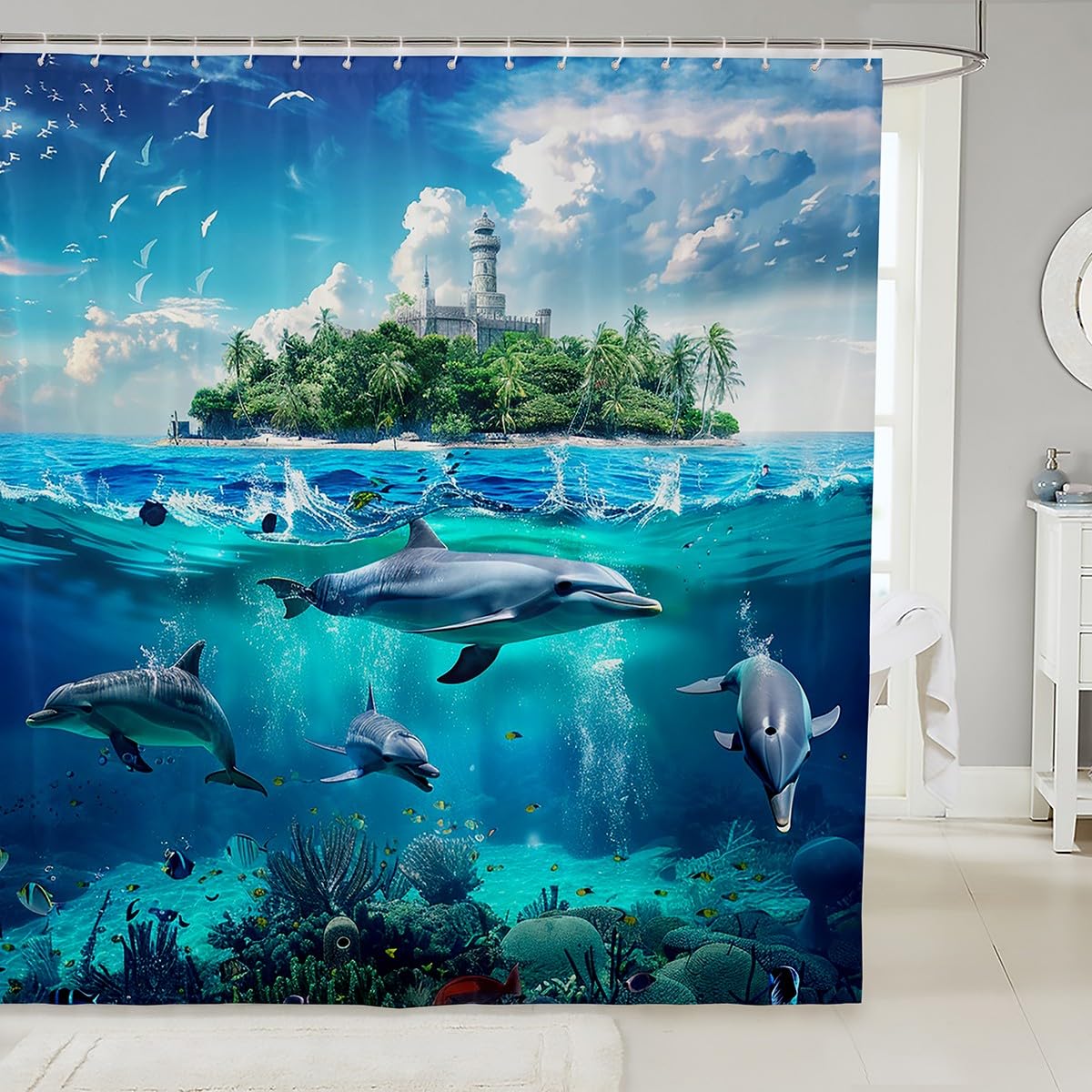 Cute Dolphin Bath Curtain for Kids - Ocean Animal Shower Curtain with Hawaiian Sealife Design, 72x72 Inch Polyester Beach Aquarium Bathroom Decor Set - Perfect for Kids' Bathrooms, Beach-Themed Decor & Coastal Home Accessories