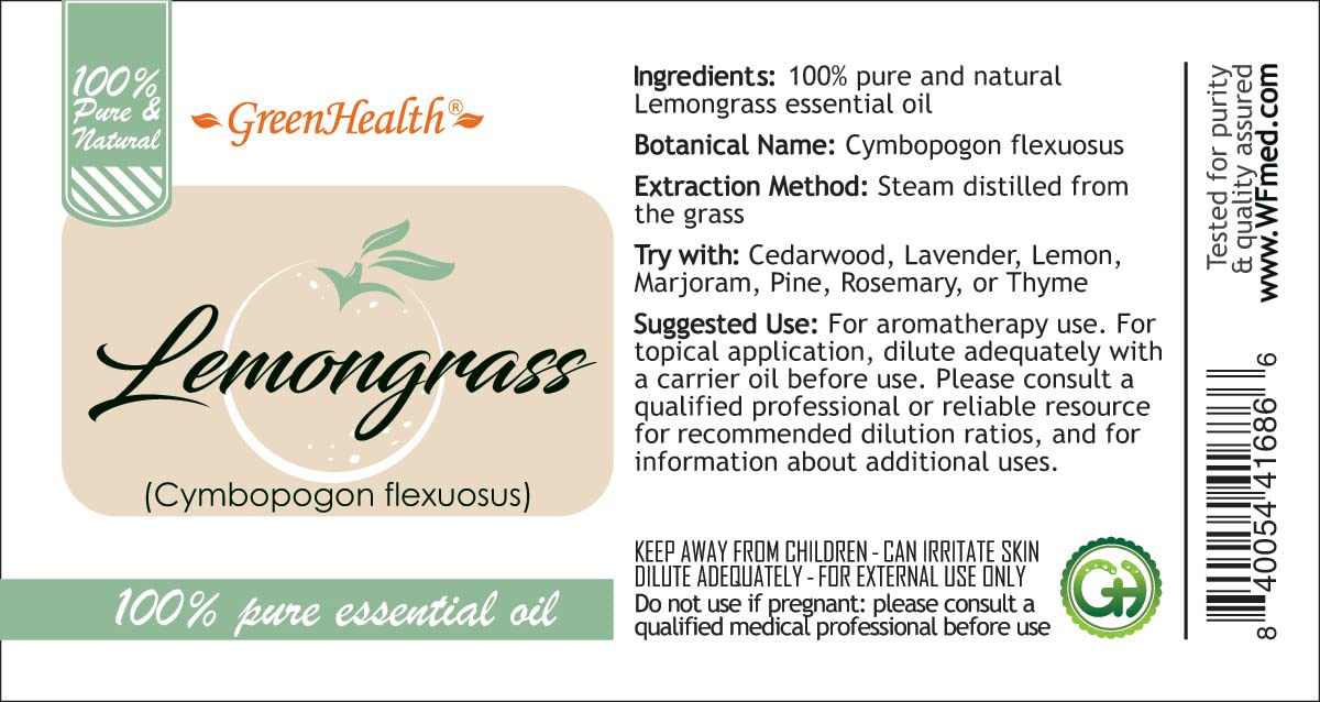 100% Pure Lemongrass Essential Oil - 2 fl oz (59 ml) Glass Bottle with Dropper Cap - Aromatherapy, Diffuser, Massage & DIY Skincare - GreenHealth Brand