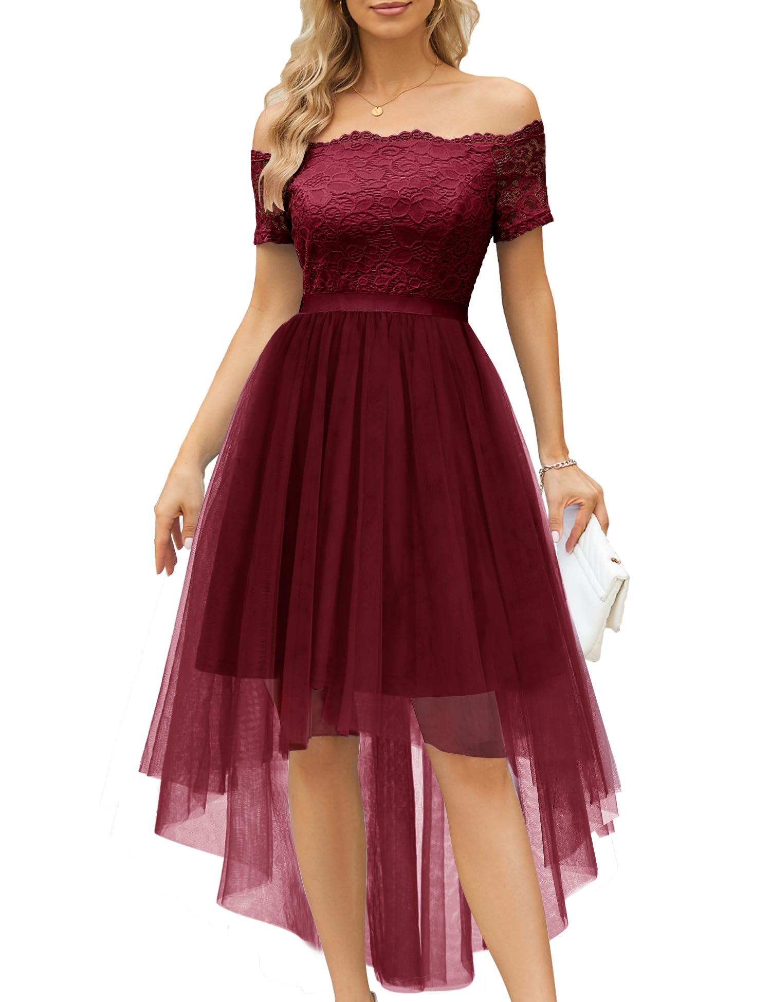 2024 Women's Off The Shoulder Short Sleeve High-Low Prom Dress - Elegant Cocktail Party & Wedding Guest Formal Gown for Special Occasions & Evening Events