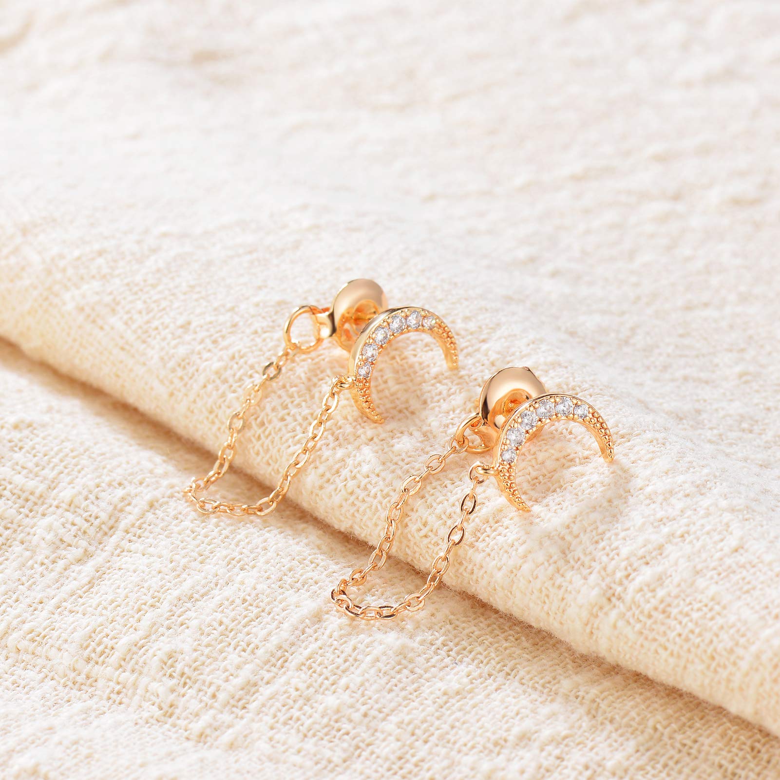 14K Gold Plated Dainty Cubic Zirconia Chain Stud Earrings for Women - Hypoallergenic Small Dangle Earrings with Elegant Chain - Perfect Gift for Birthday, Anniversary & Everyday Wear