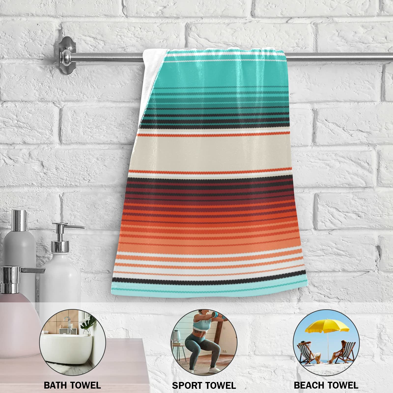Premium Xigua 2-Piece Bath Towel Set - Soft, Absorbent Face & Hand Towels for Bathroom, Gym, Travel - Mexican Serape Striped Design for Home & Shower Use
