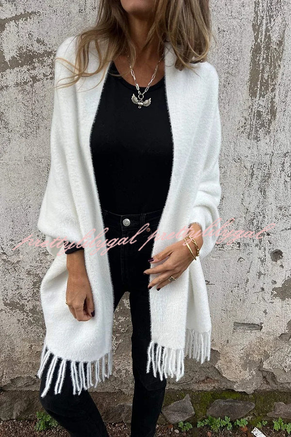 Cozy Knit Plush Tassel Trim Relaxed Shawl Cardigan for Women - Soft Warm Winter Wrap Sweater for Lounge, Travel & Casual Outfits