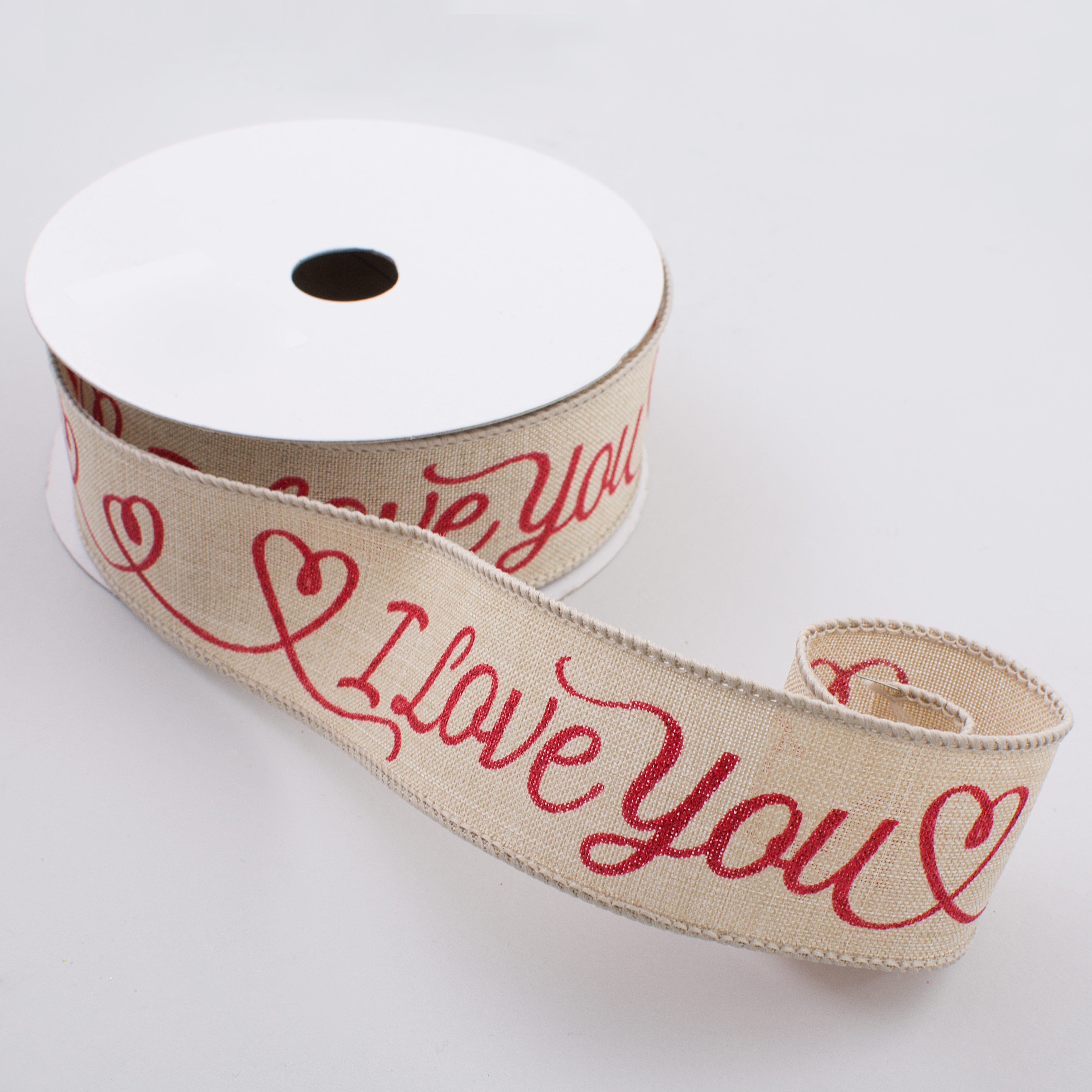 1.5 Inch Royal Canvas Metallic Glitter I Love You Ribbon - Natural & Red (10 Yards) for Gift Wrapping, Wedding Decorations & DIY Crafts