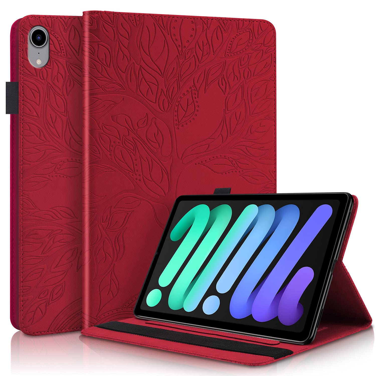 Dteck PU Leather Protective Flip Case for iPad Mini 6 (2021, 6th Generation) 8.3 Inch - 3D Embossed Tree Design, Adjustable Stand, Slim Lightweight Cover (Red) | Perfect for Work, Travel, and Home Use