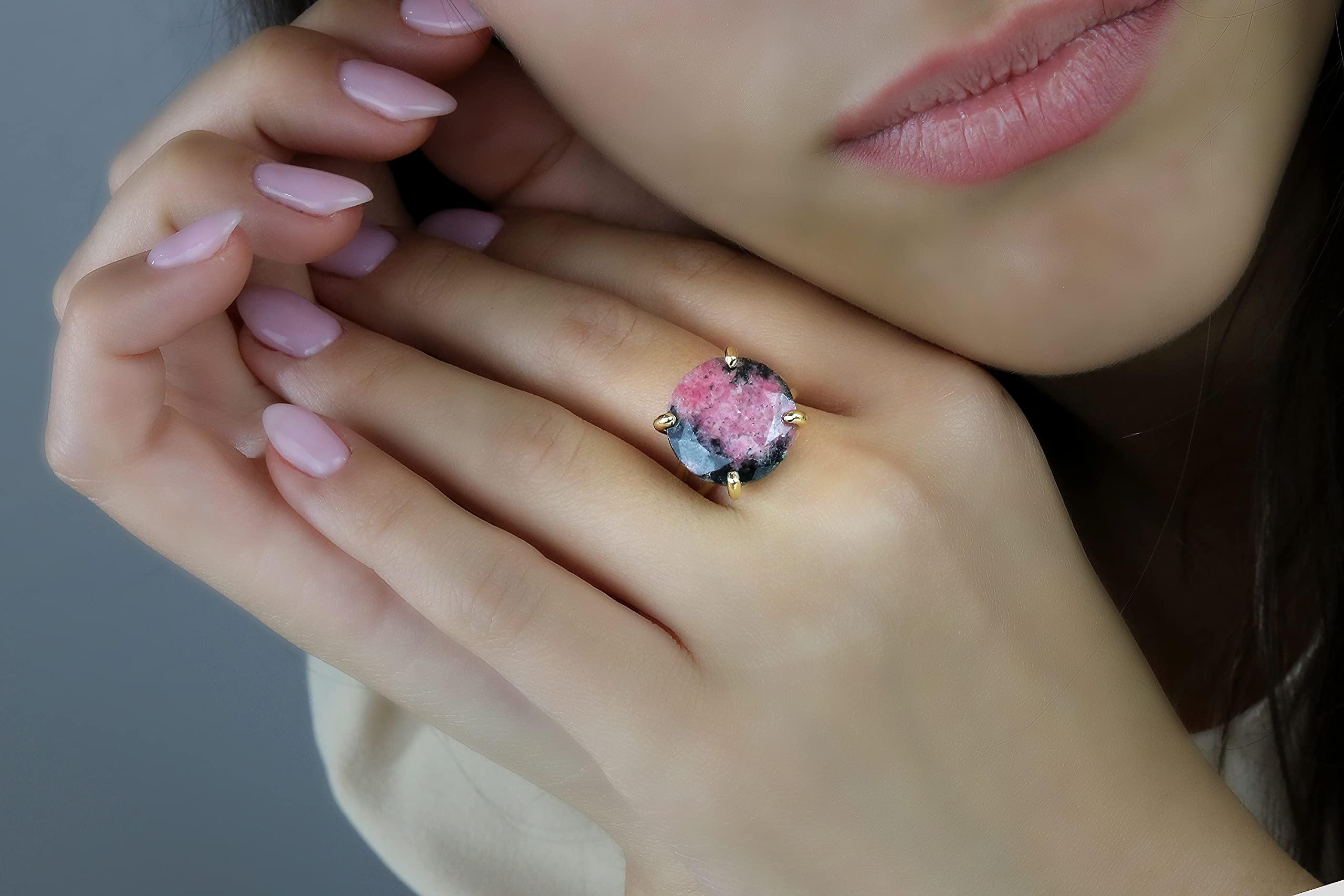 Exquisite 14k Gold-Filled Round Rhodonite Ring for Women | AA Quality Fine Jewelry | Elegant Gift for Birthday, Anniversary & Everyday Wear | Comes with Jewelry Box | Perfect for Date Nights, Office Wear & Special Occasions