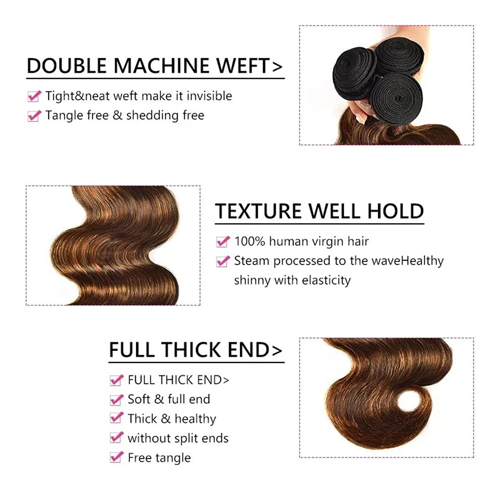 Nadula 12A Grade Brazilian Human Hair Bundles - 100% Unprocessed Virgin Hair, Brown Balayage Body Wave (10