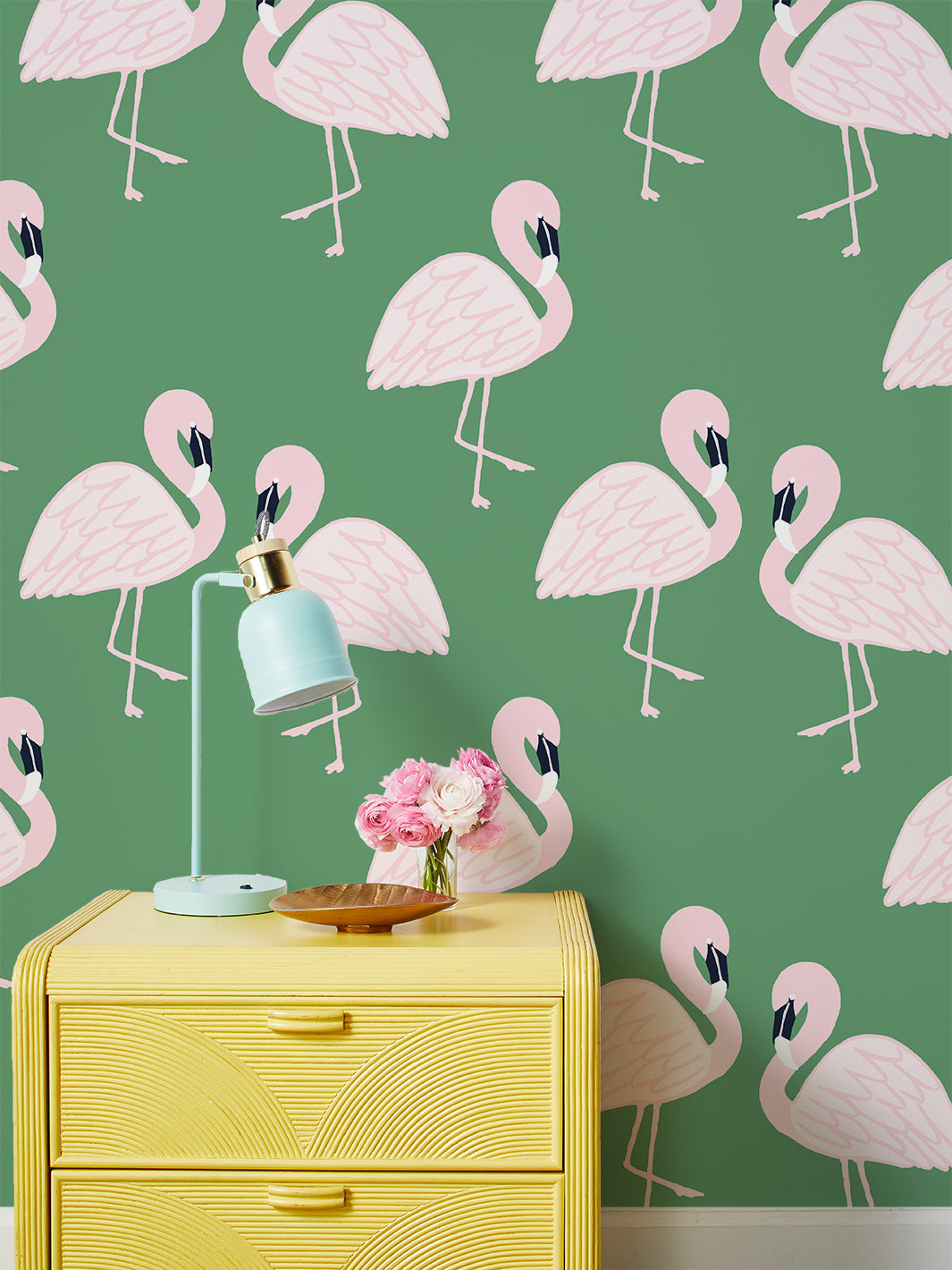 Flamingos Wallpaper by Tea Collection - Tropical Green Peel & Stick Removable Wallpaper for Nursery, Bedroom, Bathroom Decor