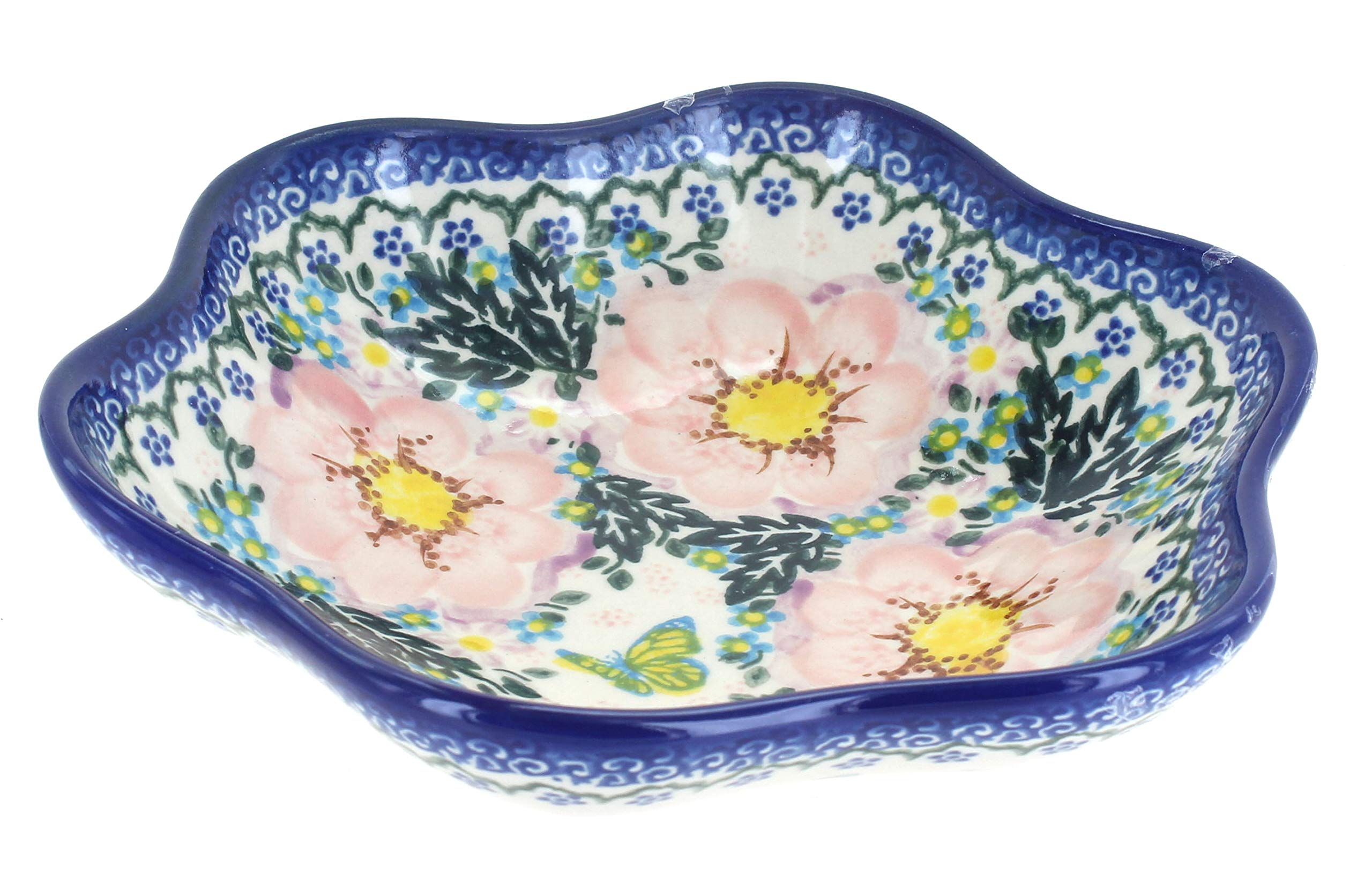 Handmade Blue Rose Polish Pottery Bowl - Apple Blossom & Daisy Floral Design - Medium Size Ceramic Serving Bowl for Soup, Salad, or Decorative Display