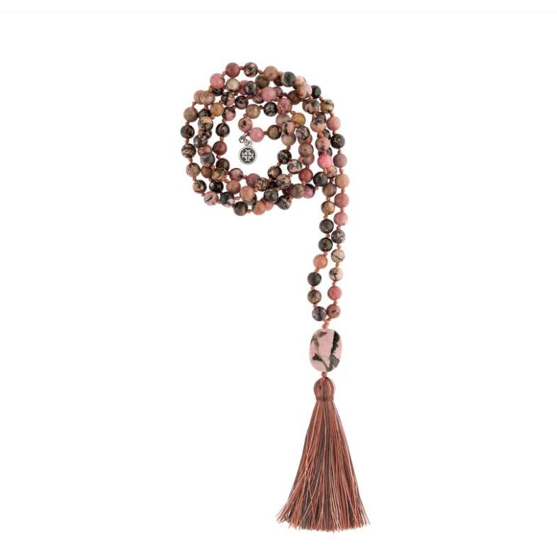 Authentic Rhodonite Mala Beads for Meditation & Chakra Healing - Handmade Prayer Necklace by Mala + Mantra | Perfect for Yoga, Spiritual Practice & Positive Energy
