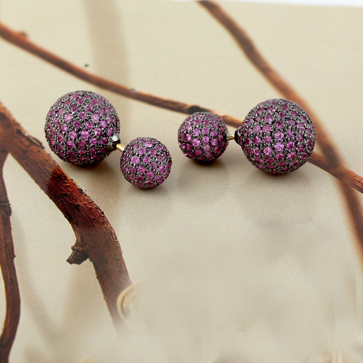 18K Yellow Gold & 925 Sterling Silver Pave Pink Sapphire Double-Sided Ball Tunnel Earrings for Women - Hypoallergenic Cartilage Ear Cuffs for Everyday Wear & Special Occasions