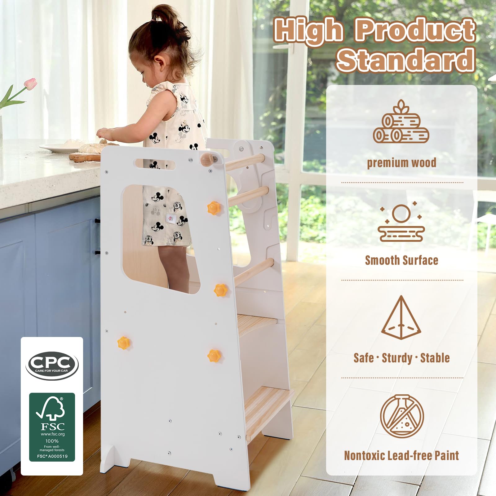 4-in-1 Convertible Toddler Kitchen Tower & Step Stool with Adjustable Height, Whiteboard & Safety Rail - Kids Learning Tower Helper with Convertible Table & Chair for Cooking, Baking & Playtime (White)