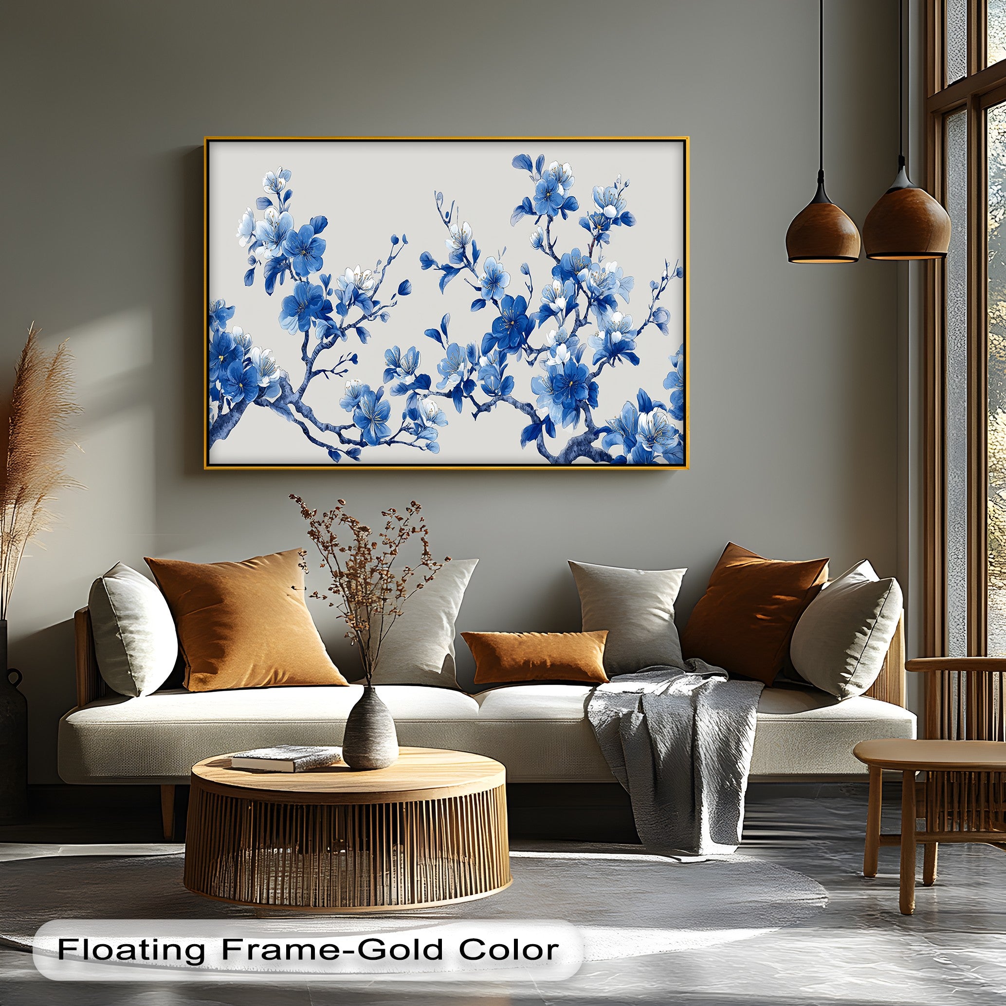 Blue Blossom Harmony Cherry Blossom Branch Canvas Wall Art - Japanese Style Floral Painting for Living Room, Bedroom & Office Decor