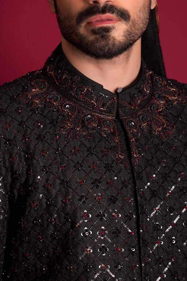 Elegant Jet Black Sherwani with Jewel Tones | Premium Indian Wedding Attire for Groom & Groomsmen | Perfect for Weddings, Festivals & Special Occasions