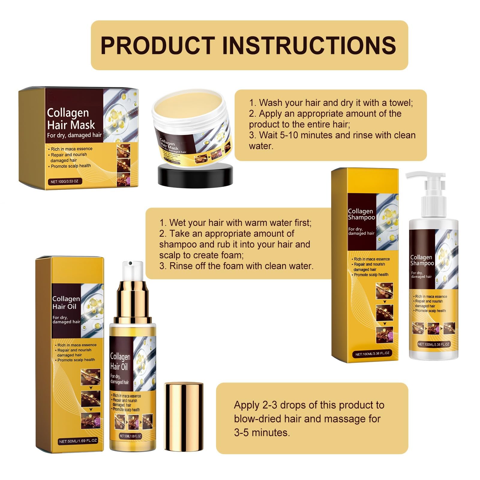 Collagen Hair Mask & Repair Set with Shampoo & Argan Oil Treatment - Deep Conditioning for Dry, Damaged Hair - All Hair Types - Perfect for Salon-Quality Treatment at Home