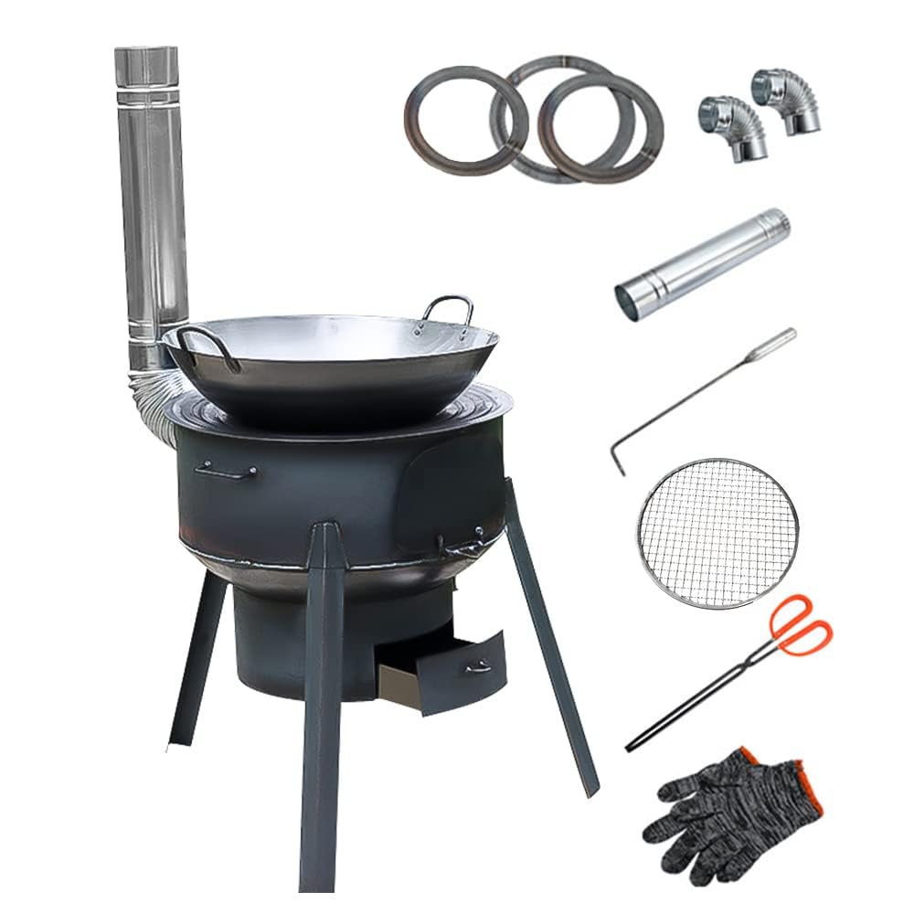 Portable Iron Wood Stove for Camping - Multifunctional Removable Firewood Cooking Stove with 3 Oven Rings (43cm) - Perfect for Outdoor Cooking, Tent Heating, Fishing Trips & Backpacking Adventures