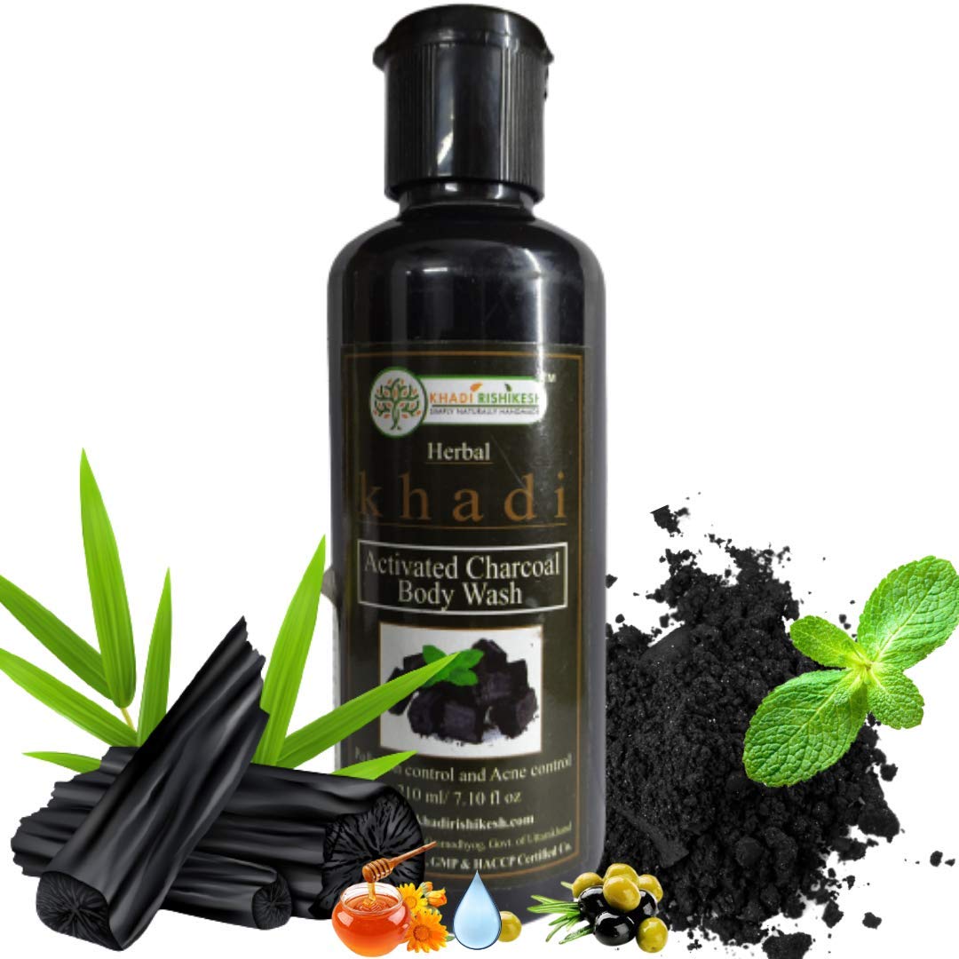 Khadi Rishikesh Charcoal Acne & Pollution Control Body Wash for Men & Women - Deep Cleansing Shower Gel to Remove Blackheads & Impurities (4 x 210ml Combo Pack) | Perfect for Daily Skincare & Post-Workout Cleansing