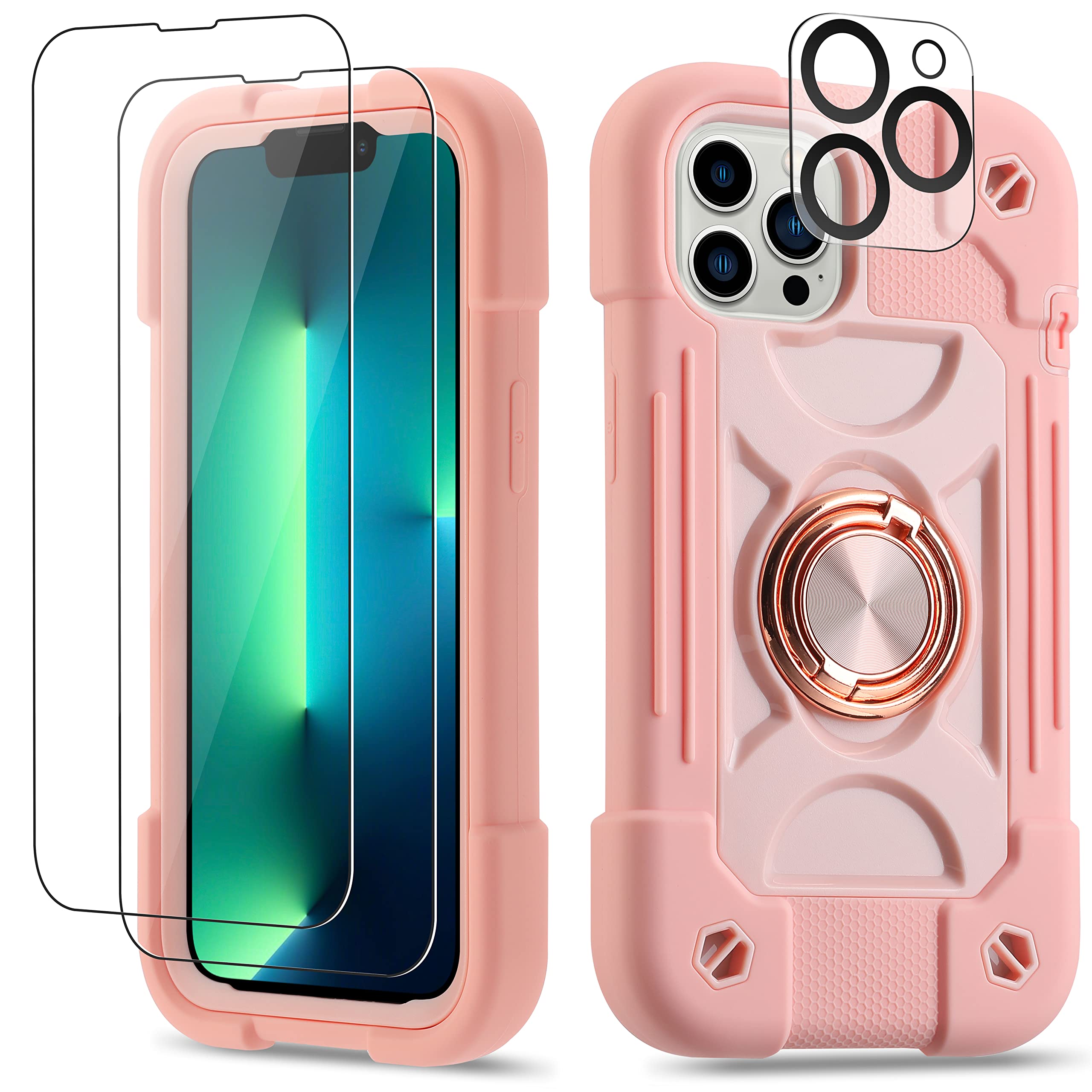 Premium Shockproof iPhone 13 Pro Max Case 6.7 Inch with Ring Stand - Includes 2 Pack Tempered Glass Screen Protector + Camera Lens Protector - Heavy Duty Protective Cover (Pink) - Perfect for Work, Travel & Outdoor Activities