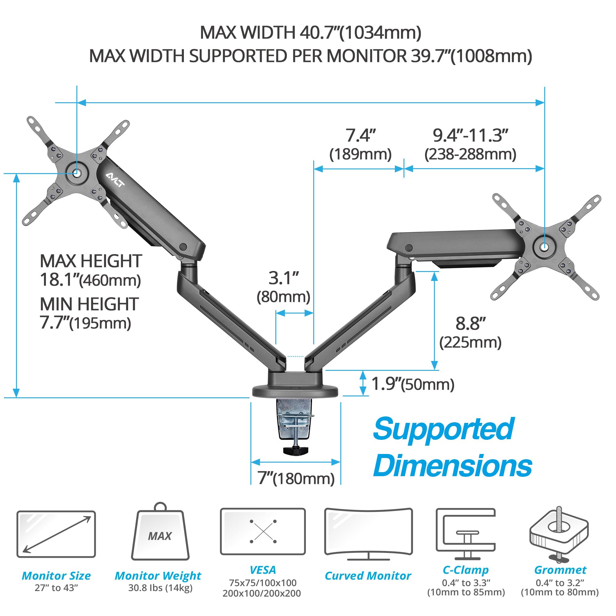AVLT Dual 27”-43” RGB Gaming Monitor Arm Desk Mount with 20 Lighting Modes & Touch Control - Adjustable Height, Swivel, Tilt for Flat/Curved/Ultrawide Screens - Perfect for Gaming Setup, Home Office & Workstation (Dark Gray)