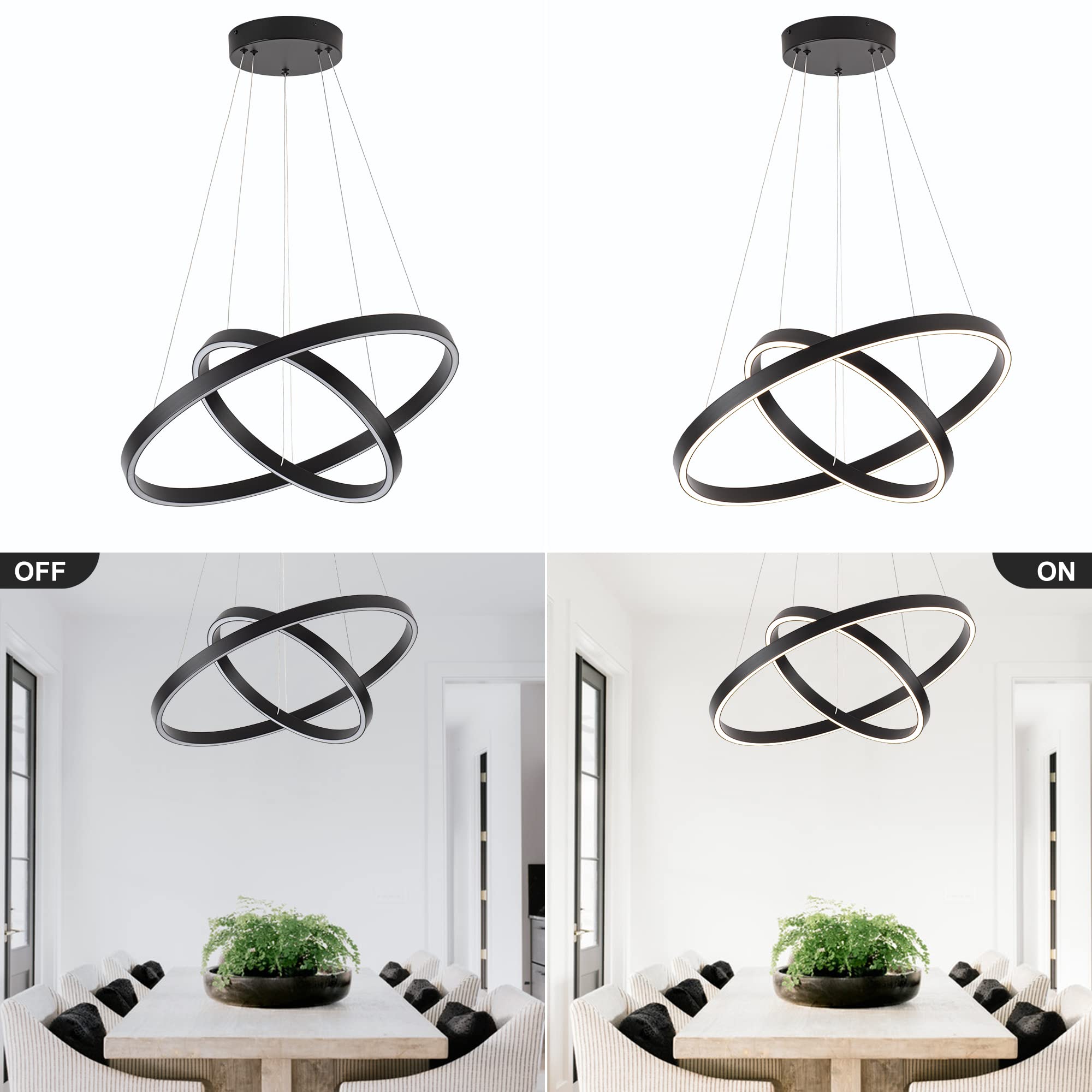 Modern LED Chandelier - 2 Ring Contemporary Circular Pendant Light, Black Dimmable Hanging Ceiling Fixture for Living Room & Dining Room | Elegant Lighting for Home Decor, Parties & Restaurants