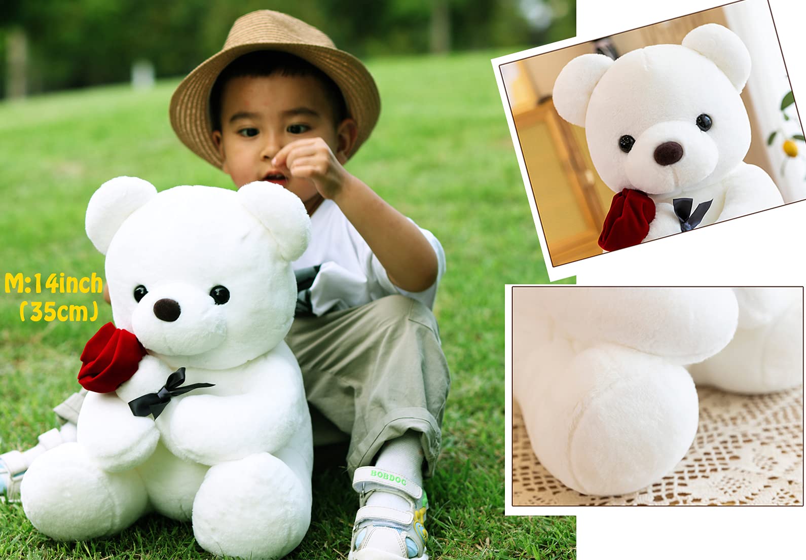 Cute White Teddy Bear Plush Stuffed Animal with Rose - 13.7 Inch Soft Rose Bear Gift for Valentine's Day, Birthday, Christmas | Perfect Present for Girlfriend, Kids, Loved Ones | Ideal for Bedroom Decor, Nursery, Romantic Surprises