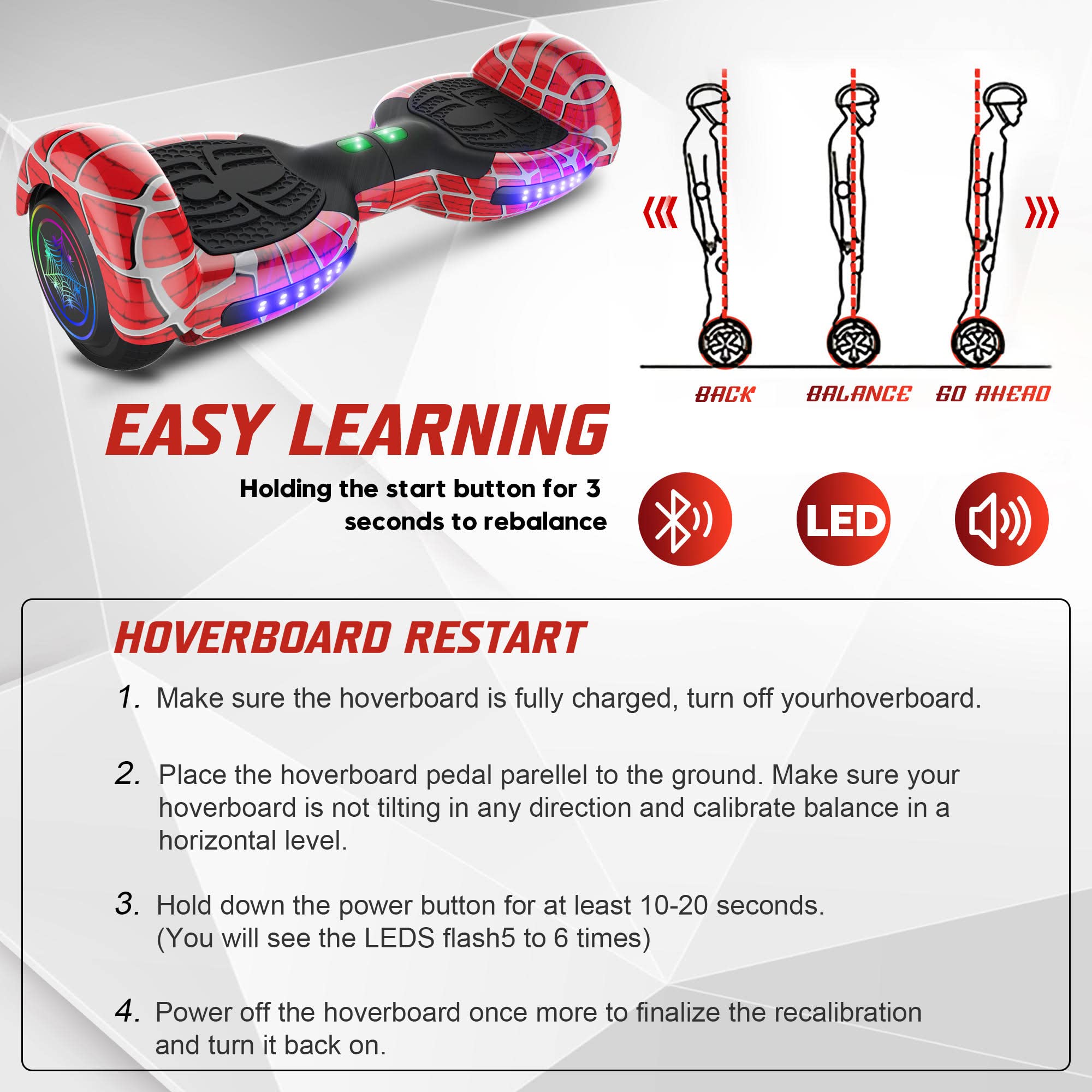 Spider-Pattern Hoverboard for Kids Ages 6-12 | Bluetooth Speaker & LED Lights | 6.5