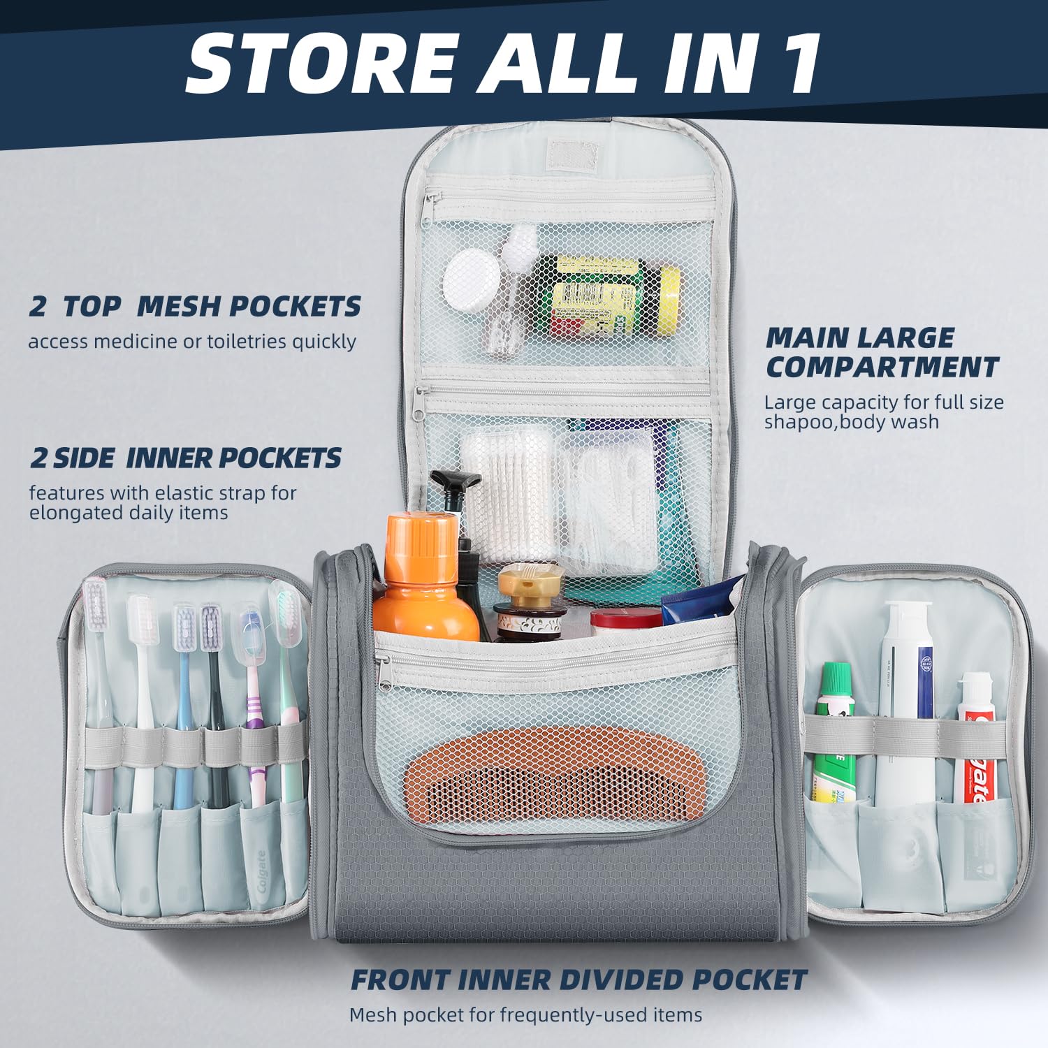 Large Water-resistant Hanging Toiletry Bag for Women & Men - Spacious Travel Cosmetic Organizer with Multiple Pockets, Perfect for Makeup, Shaving Essentials & Full-Sized Toiletries (Gray) | Ideal for Air Travel, Camping & Gym Use
