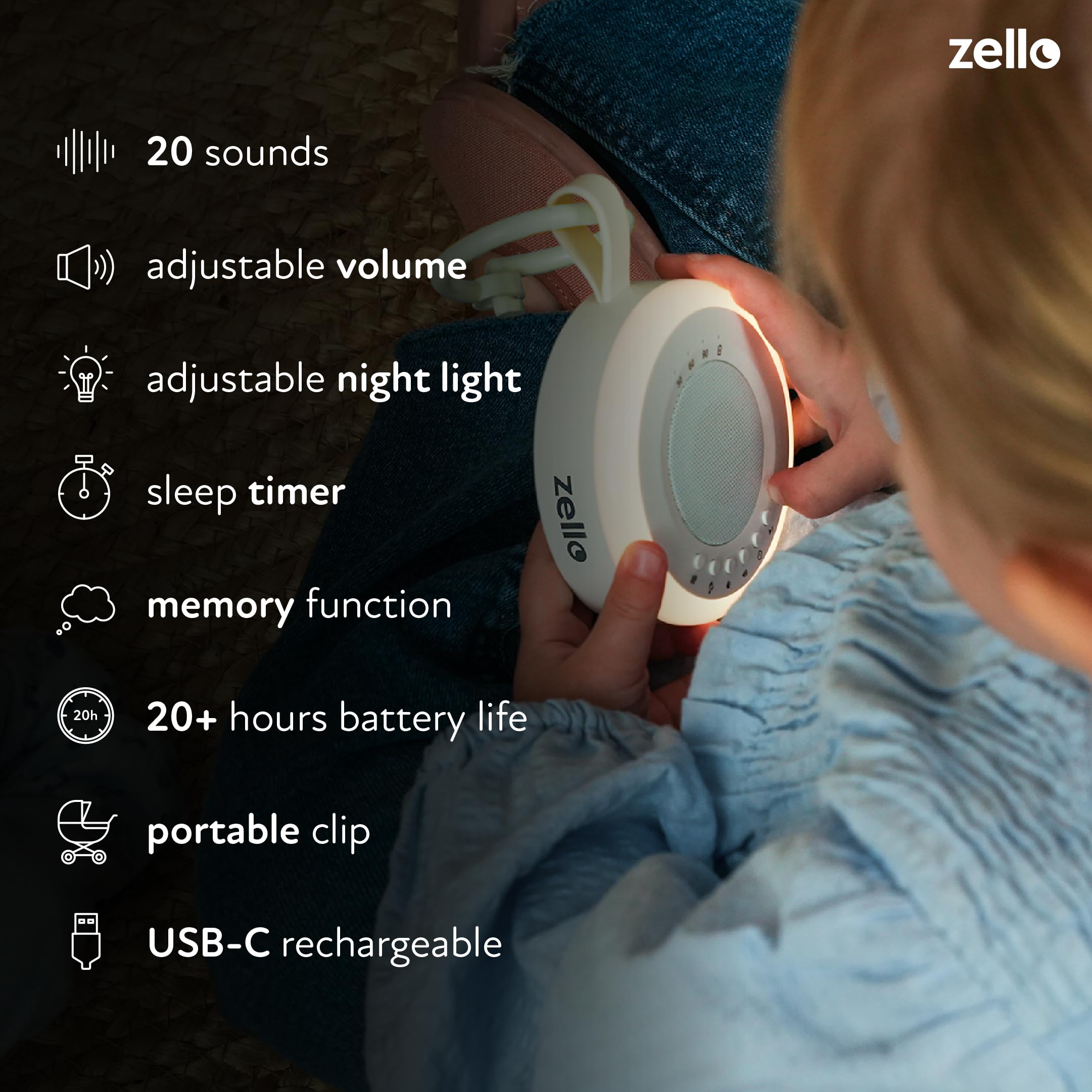 Zello Portable White Noise Machine with 20 Soothing Sounds, 3 Adjustable Night Light Levels & Sleep Timer | USB Rechargeable 20-Hour Battery | Baby Sleep Aid & Sound Therapy for Adults | Perfect for Nursery, Office, Travel & Meditation