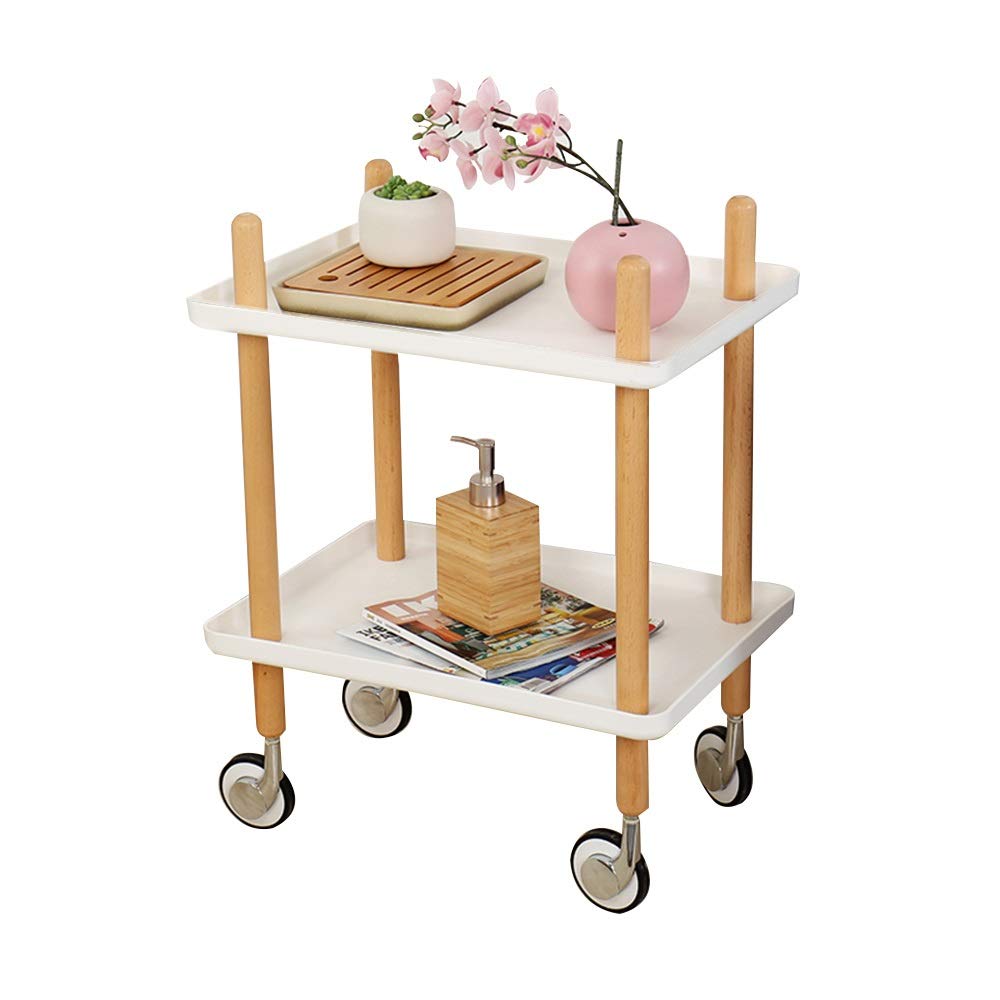 Nordic Style White Small Coffee Table with Casters - Mobile Side Table with Double Layer Open Storage for Living Room, Bedroom, Office - Multifunctional Snack Table & Sofa End Table for Home Decor