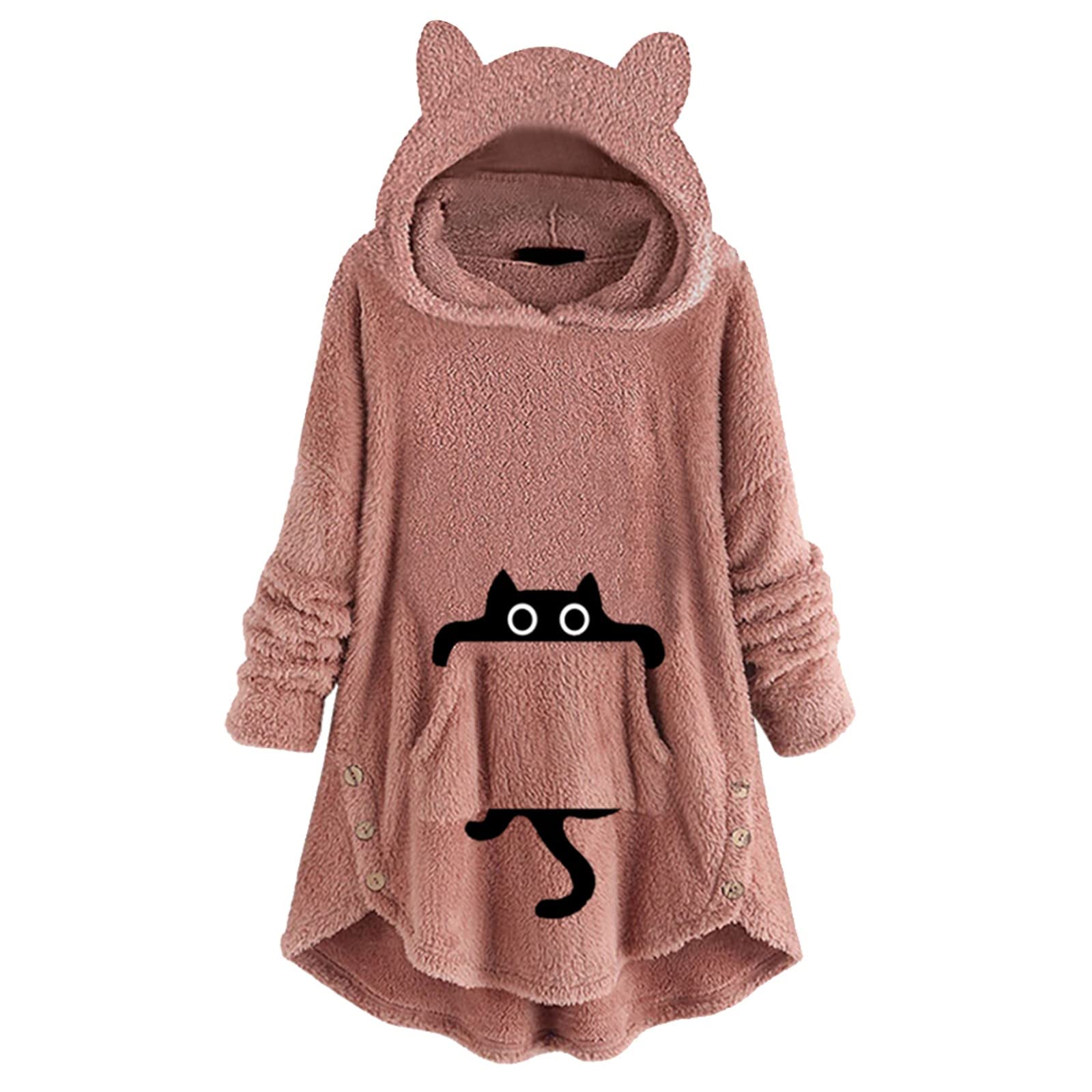 Women's Cute Cat Hoodie with Fleece Ears, Button Pockets & Long Sleeves - Cozy Tunic Length Jacket for Casual Wear, Outdoor Activities & Cat Lovers