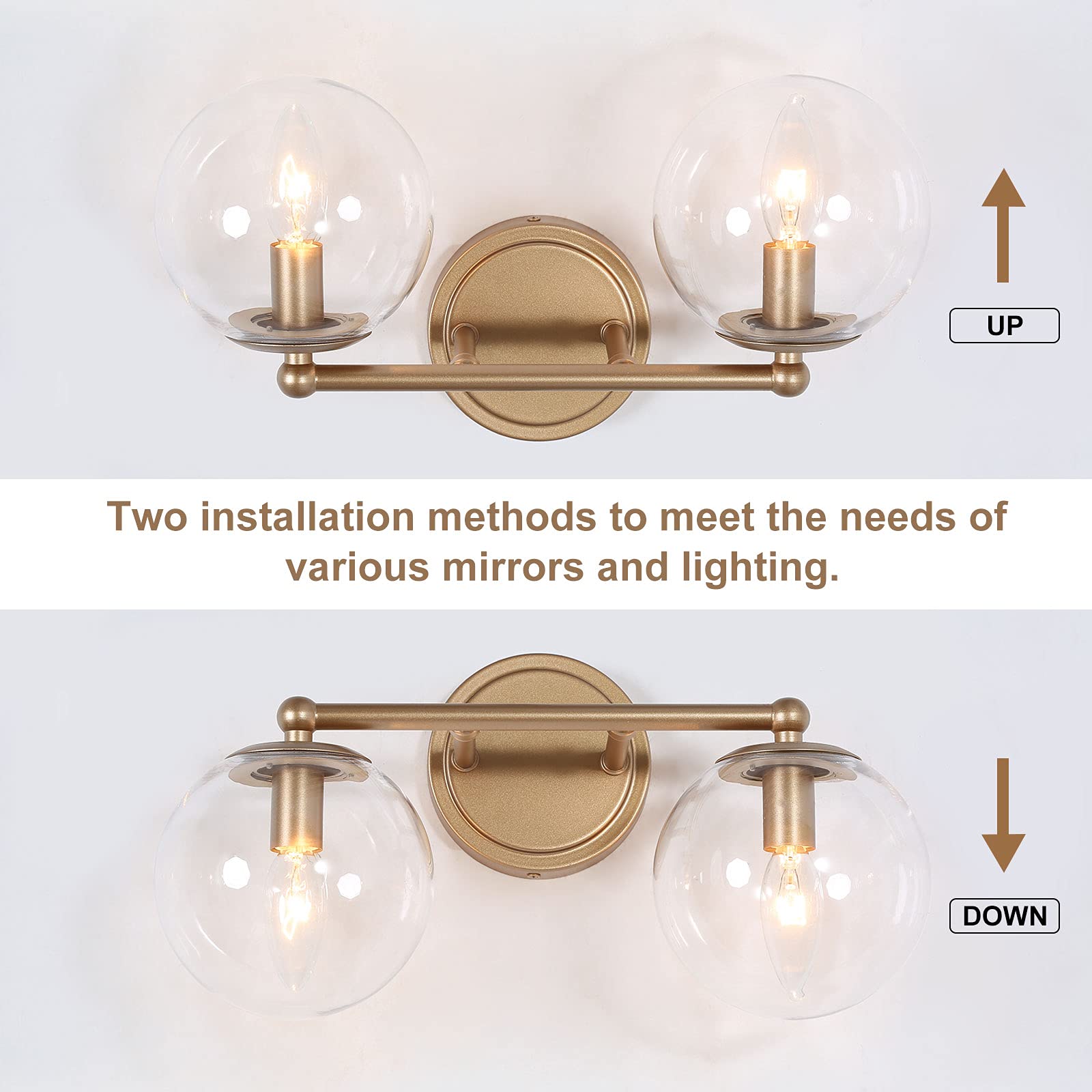 Modern Gold Bathroom Vanity Light Fixture - 2-Light LED Bathroom Sconce with Clear Glass Globe Shade (15