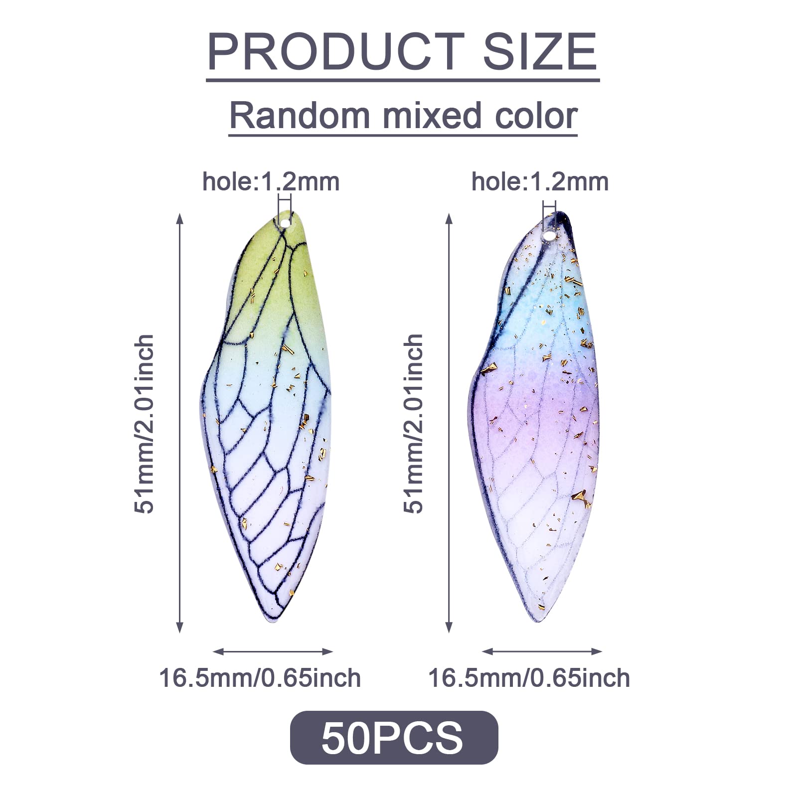 50Pcs Resin Big Wing Charms - Transparent Insect Wing Pendants with Gold Foil, Colorful Dragonfly Wings for Jewelry Making DIY - Perfect for Necklaces, Bracelets, Earrings & Craft Projects
