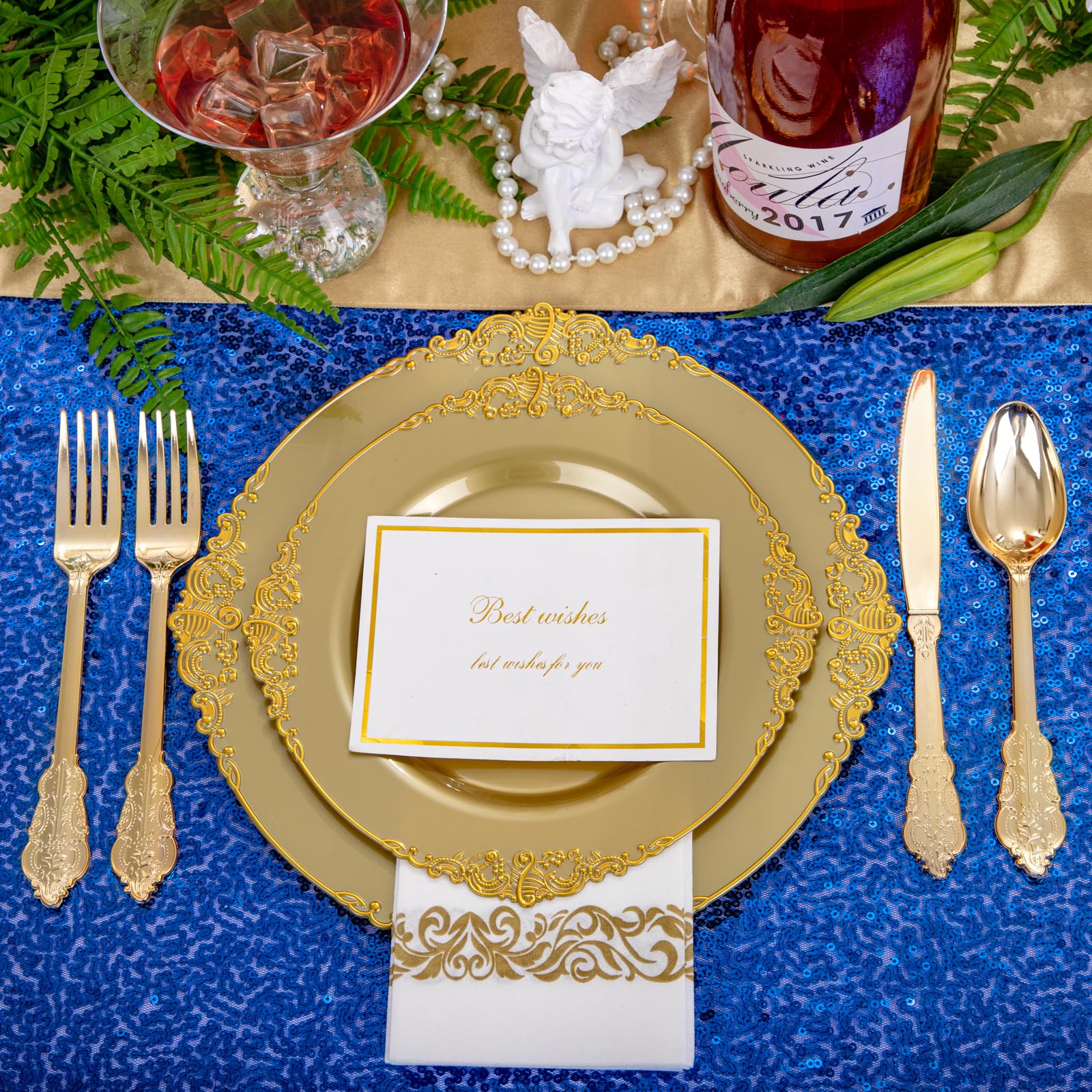 Morejoy 175PCS Elegant Gold Plastic Plates Set with Gold Rim - Disposable Dinnerware Includes 25 Dinner Plates, 25 Dessert Plates, 25 Cutlery Sets, 25 Napkins - Perfect for Wedding, Birthday Party, Baby Shower & Holiday Celebrations
