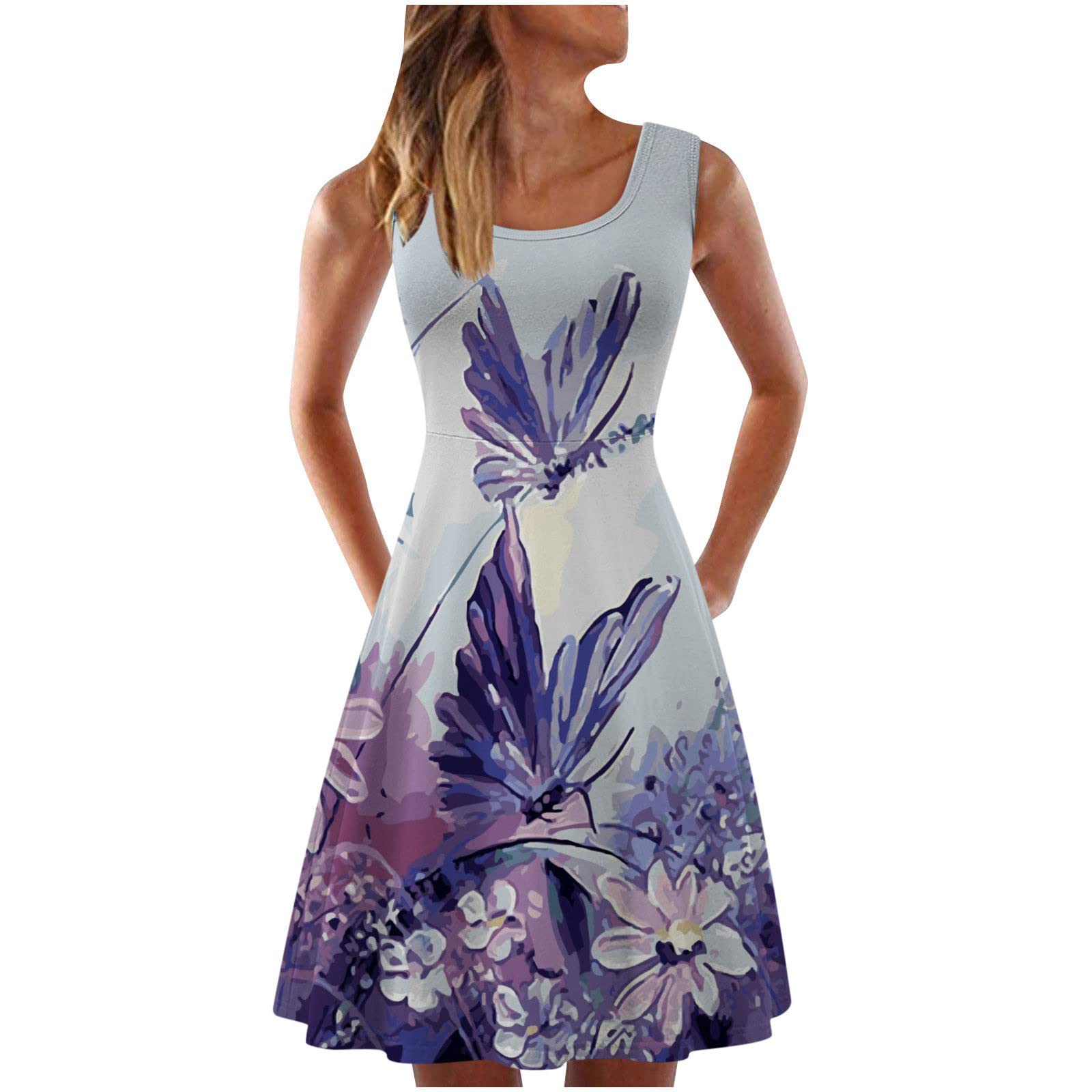 2022 Vintage Floral Print Summer Dresses for Women - Casual Sleeveless A-Line Beach Dress with Crewneck | Perfect for Vacation, Pool Parties & Summer Outings