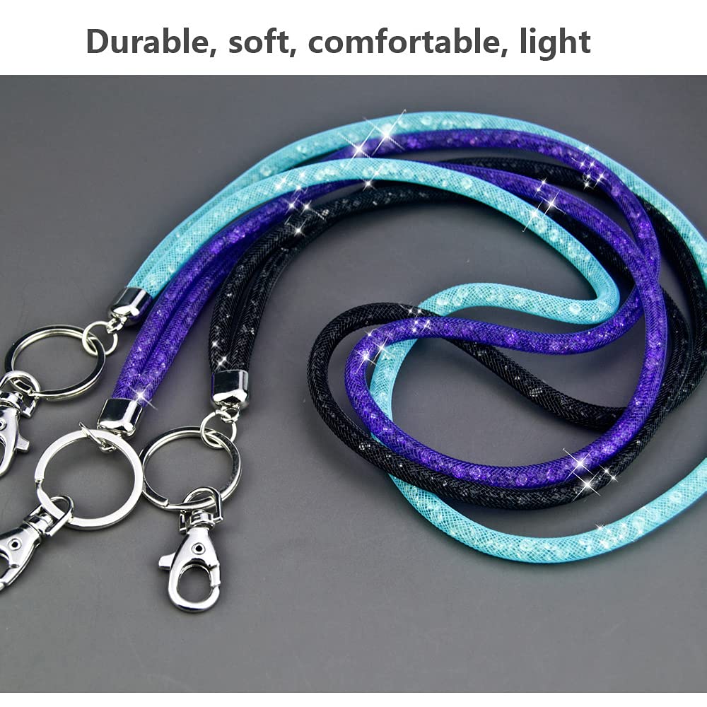 3 Pack Bling Lanyards for ID Badge & Keys - Women's Necklace Style (Black/Blue/Purple) for Work & Events