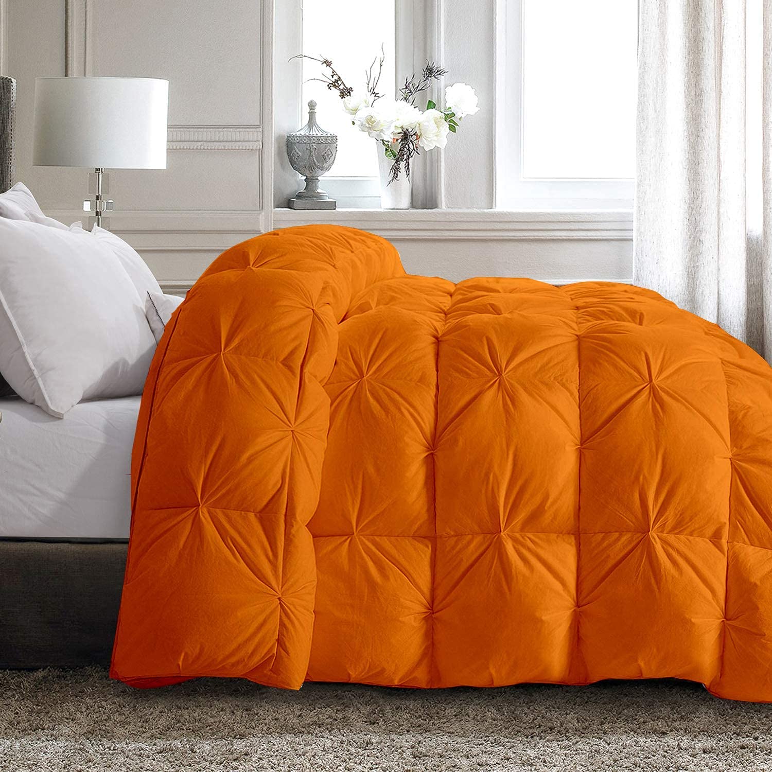 Pinch Pleated Cotton Comforter - Lightweight All Season Down Alternative - 100% Cotton Soft Quilted Cooling Bedding - King/California King Size - Orange - Perfect for Warm Weather & Hot Sleepers - Ideal for Bedrooms, Guest Rooms & Dormitories
