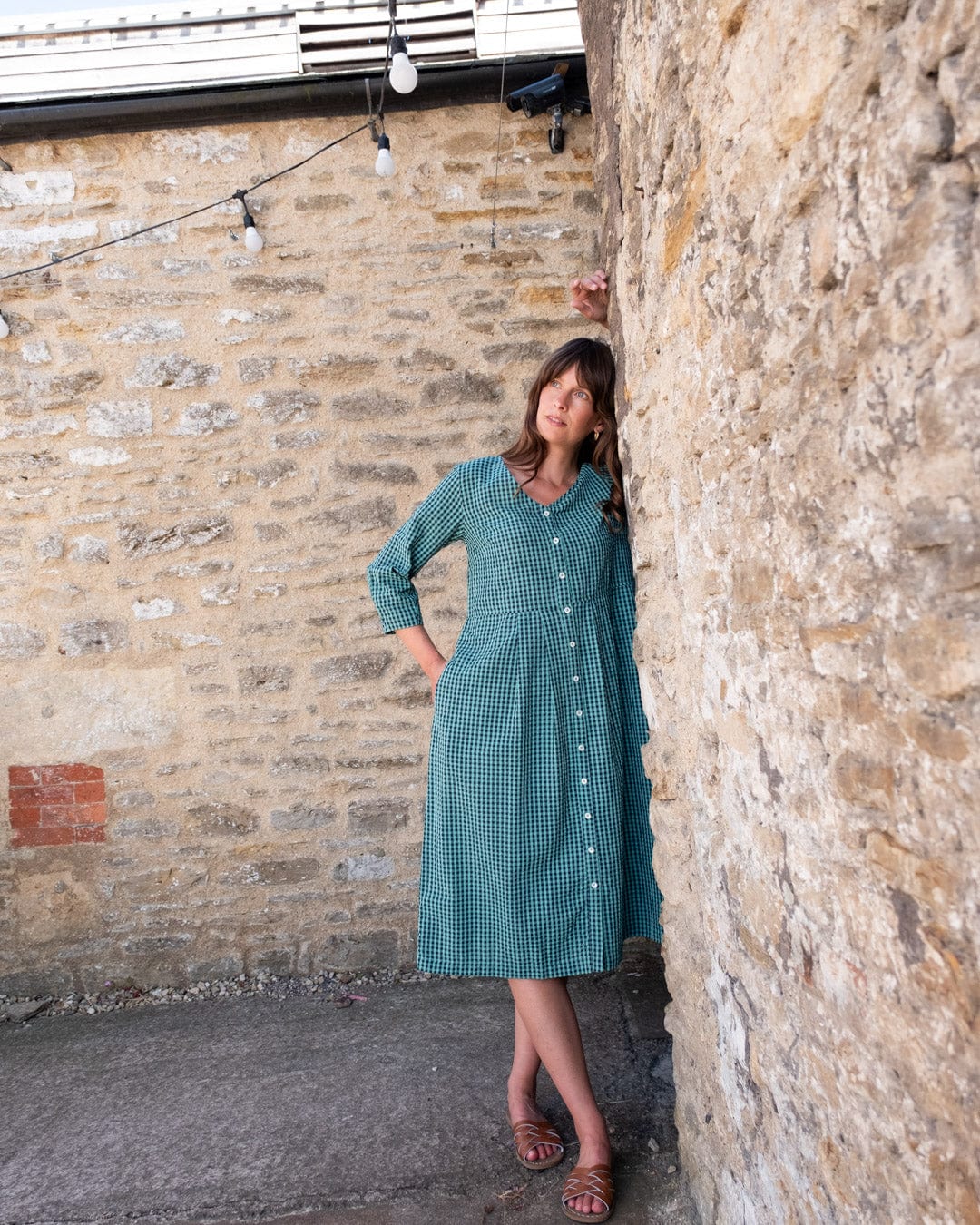 Jane Women's Cotton Midi Dress - Duck Egg Gingham Checkered Summer Dress for Casual Wear, Picnic & Beach Outings