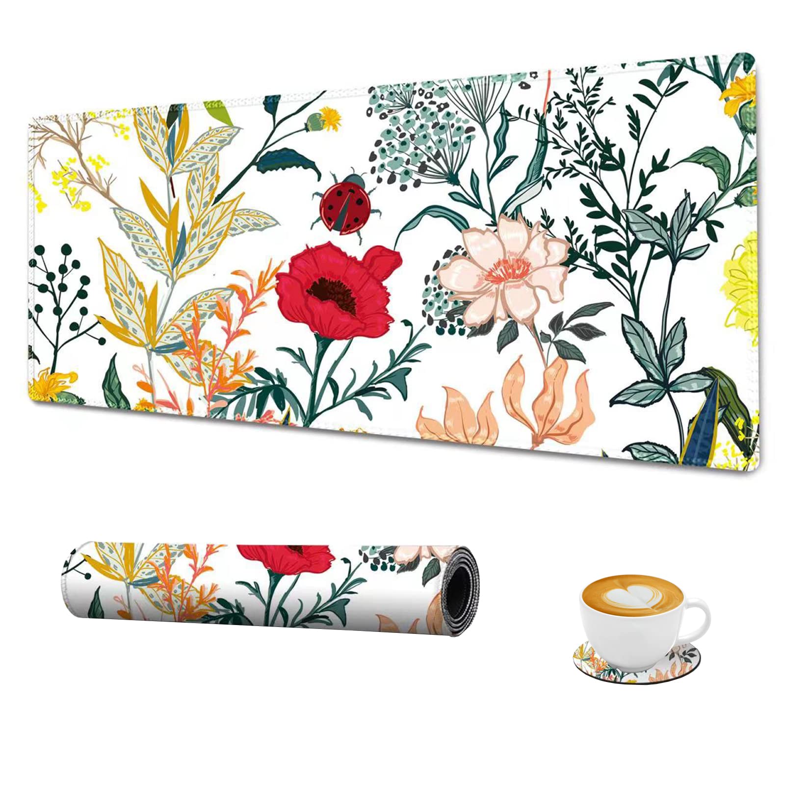 XXL Extended Gaming Mouse Pad Mat - 35.1x15.75 Inch Large Non-Slip Rubber Base Desk Mat for Computer, Laptop & Keyboard | Waterproof Stitched Edge Mousepad for Work, Office & Gaming | Summer Floral Design | Perfect for PC Setup, Esports & Home Office Workspace