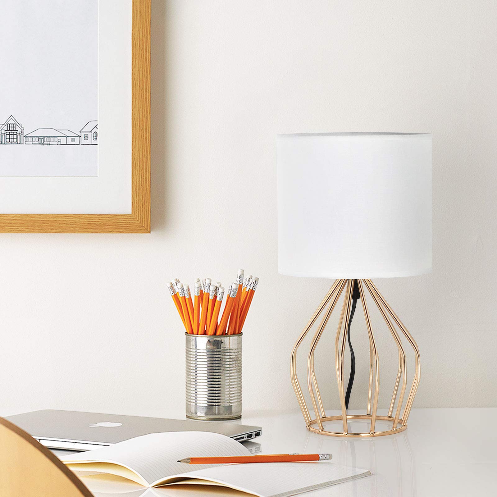HAITRAL Gold Table Lamp - Modern Hollow Base Desk Lamp with Linen Fabric Shade, Small Golden Bedside Light for Bedroom, Living Room, Office | Perfect for Night Reading, Home Decor & Ambient Lighting