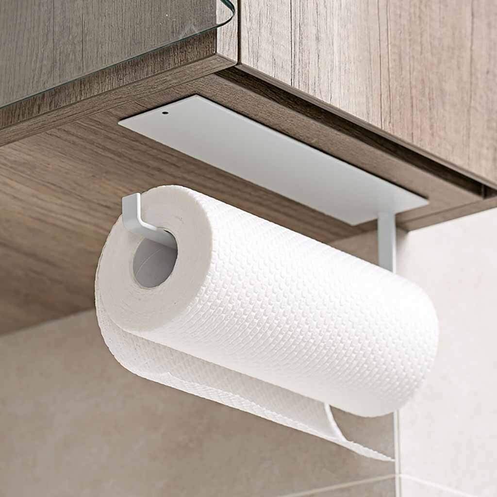 Sturdy Under Cabinet Paper Towel Holder - Self-Adhesive Kitchen & Bathroom Storage Rack for Paper Rolls, Tissues & Towels (Black) - Perfect for Small Spaces, RVs & Apartments