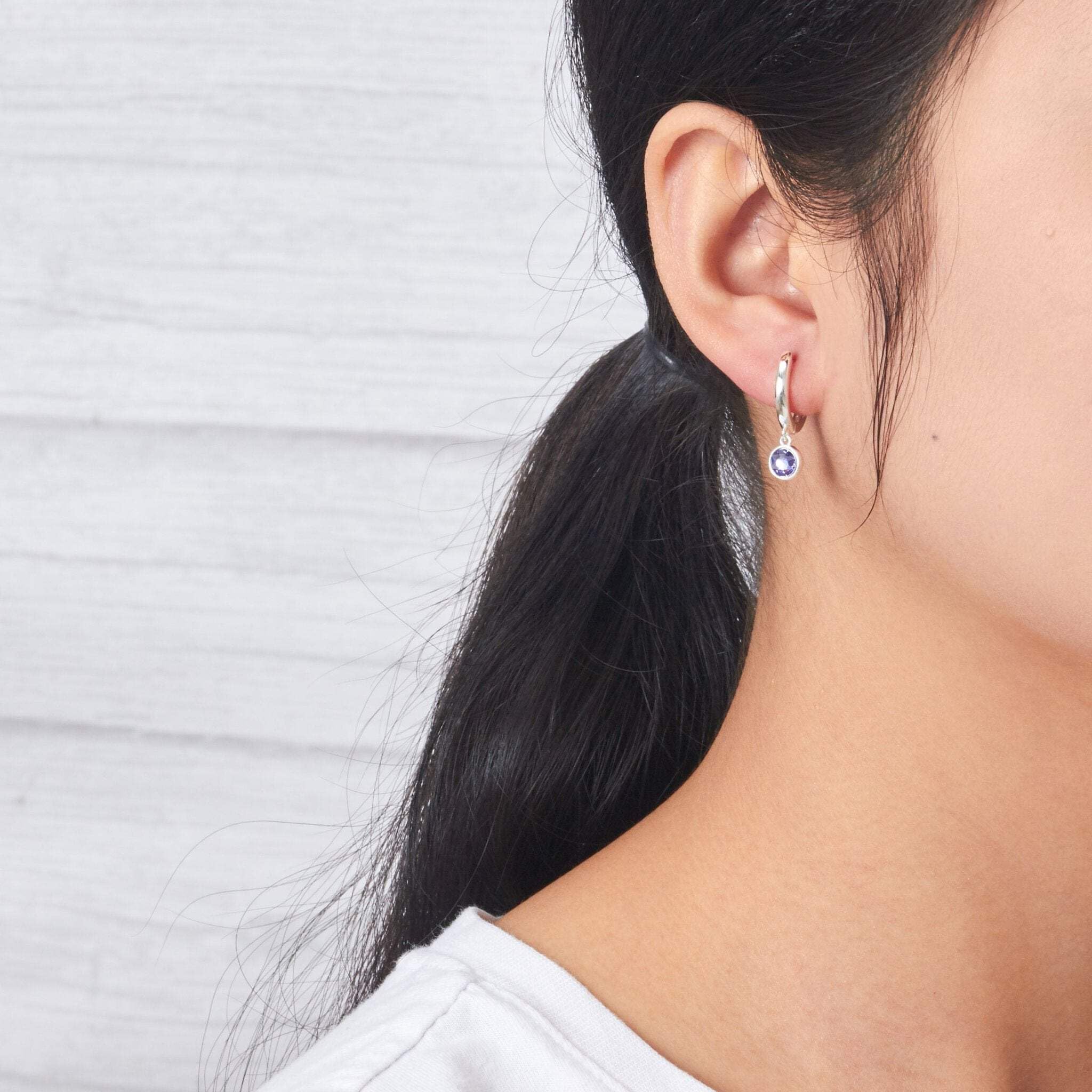 Amethyst Hoop Earrings with Zirconia - February Birthstone Jewelry for Women