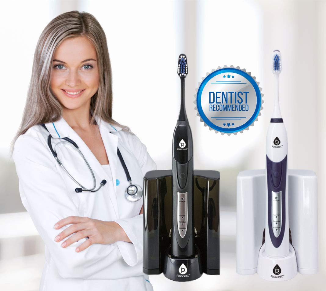 PURSONIC S520 Black Sonic Electric Toothbrush - Ultra High Powered with Dock Charger, 12 Replacement Brush Heads (Value Pack) - Perfect for Travel, Home & Family Oral Care