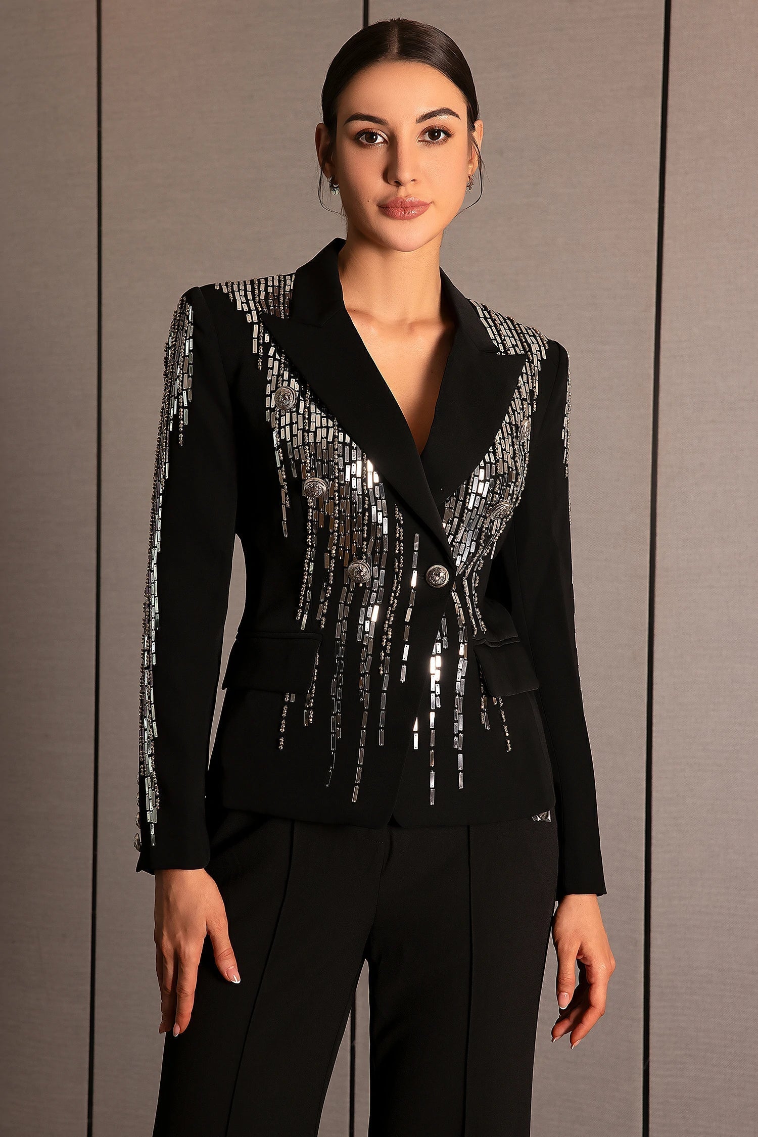 Andrea Faidra Rhinestone Double Breasted Lapel Blazer for Women - Black Formal Jacket with Crystal Embellishments | Perfect for Office Wear, Evening Parties & Special Occasions
