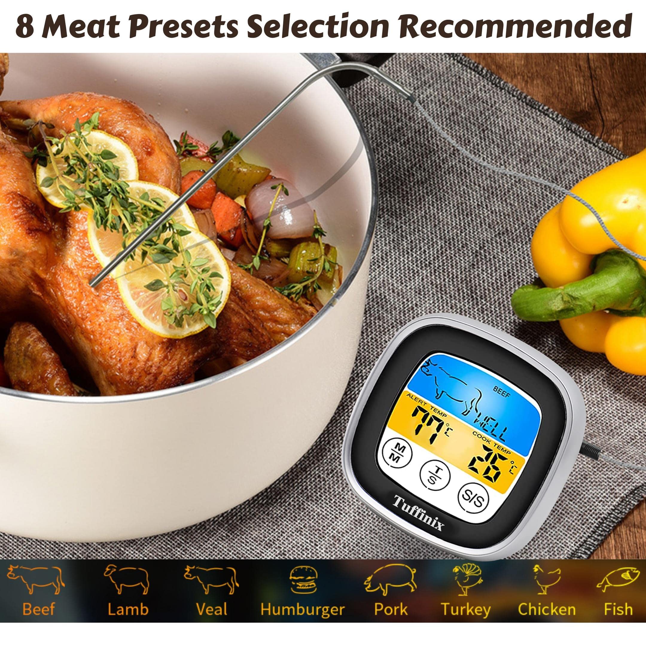 Tuffinix Digital Touchscreen Meat Thermometer - Instant Read Food Thermometer with 40in Probe, Timer & Oven Safe for BBQ, Grilling, Frying, Smoking | Perfect for Kitchen, Outdoor Cooking & Professional Chefs
